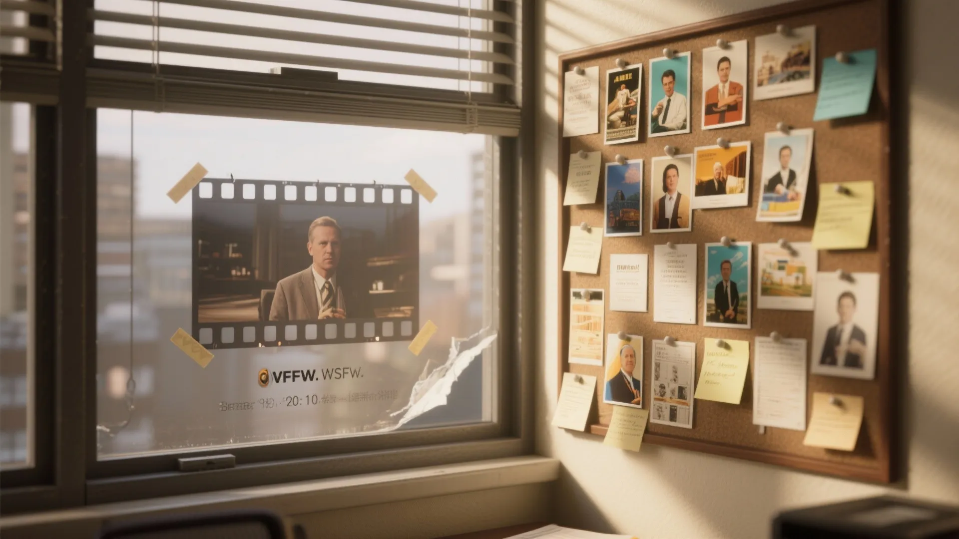 Office desk with a film frame on window glass and a cork board with small photos