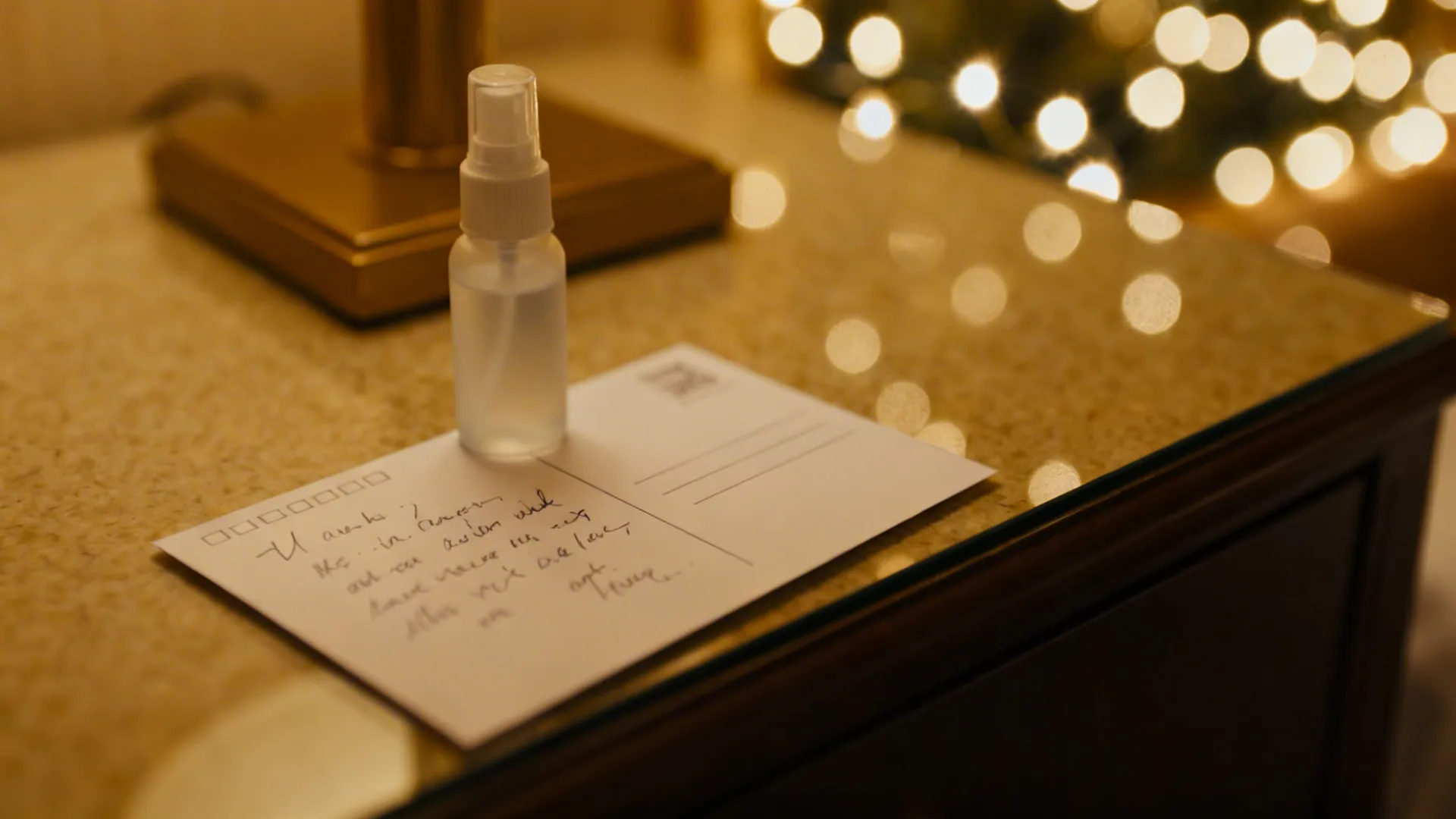Macro of a handwritten postcard beside a small travel spray on a nightstand with warm bokeh.