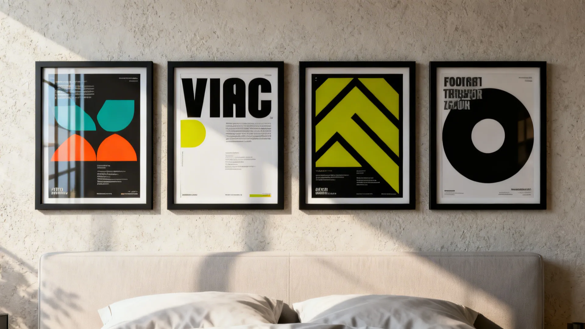 Close-up of four matching framed posters arranged in a neat grid above a bed