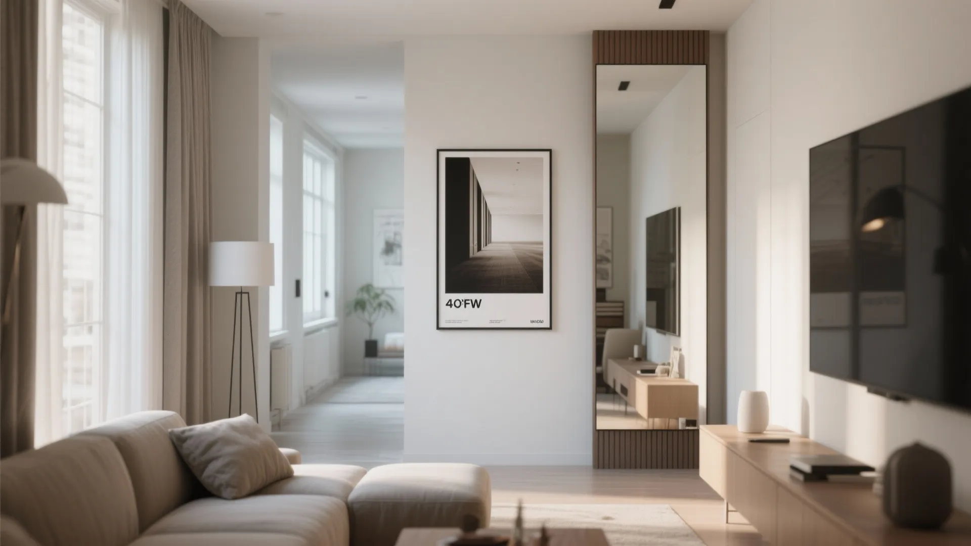 40x20 poster next to vertical mirror in living room