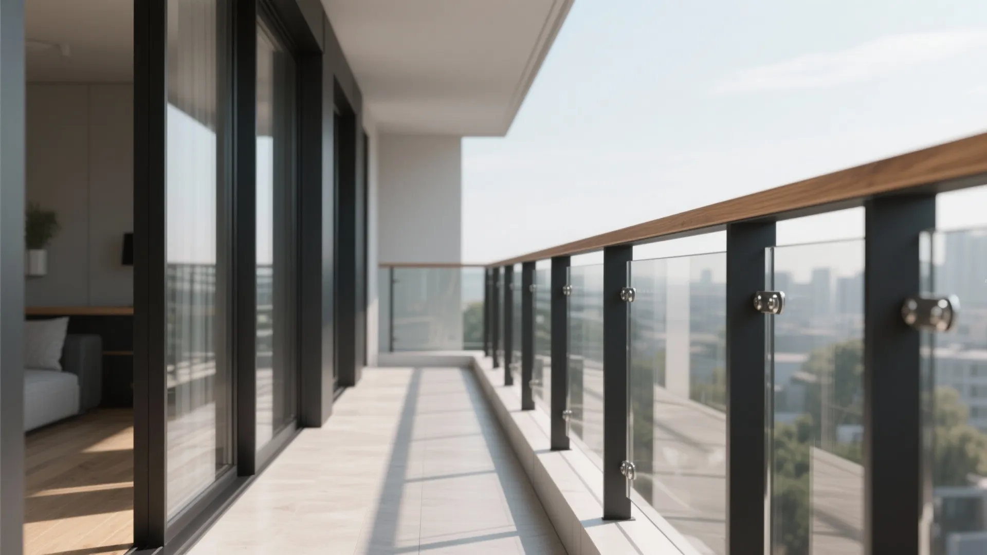 Long balcony featuring black metal posts with glass panels and wood handrail overlooking city buildings