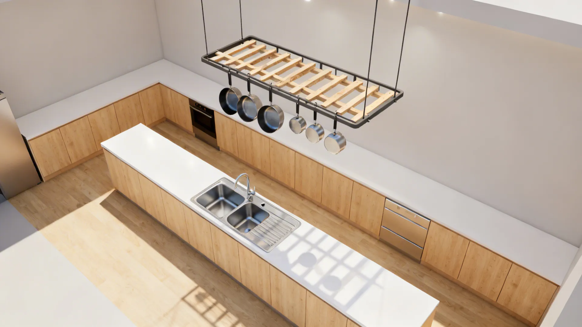 Top-down visualization of a ceiling pot rack aligned over a sink run with clear headroom and lighting.