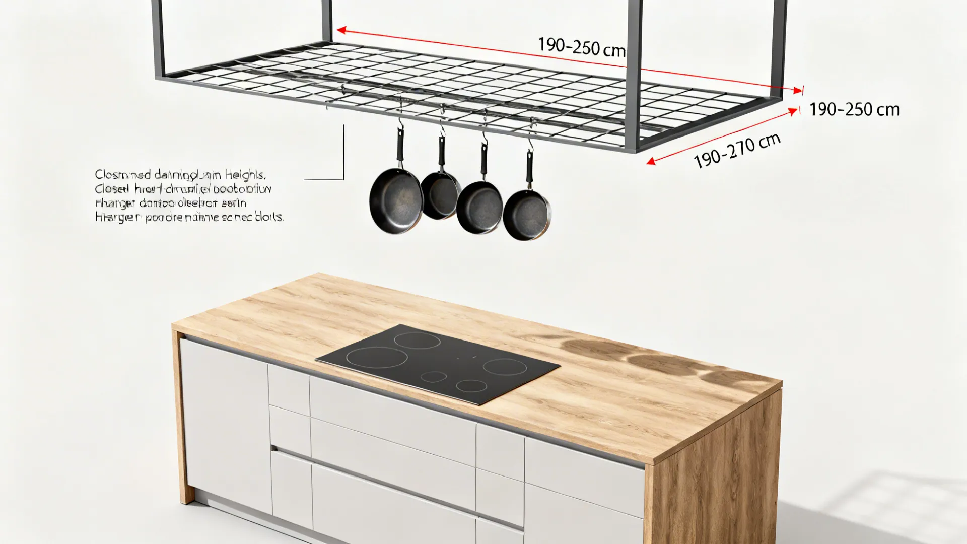 Top-down concept of an island with a ceiling pot rack showing ideal height and hook positions.
