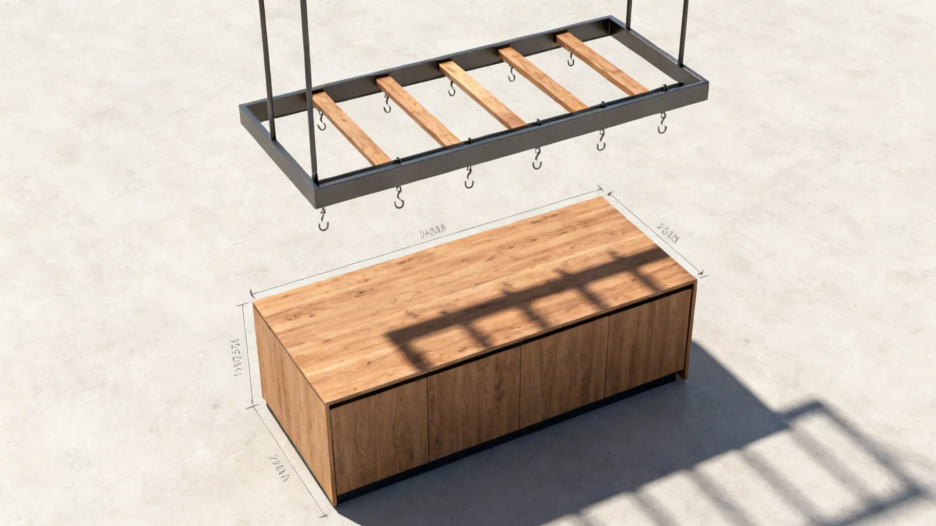 Top-down planning view of an island with a rectangular oak-and-steel pot rack above.