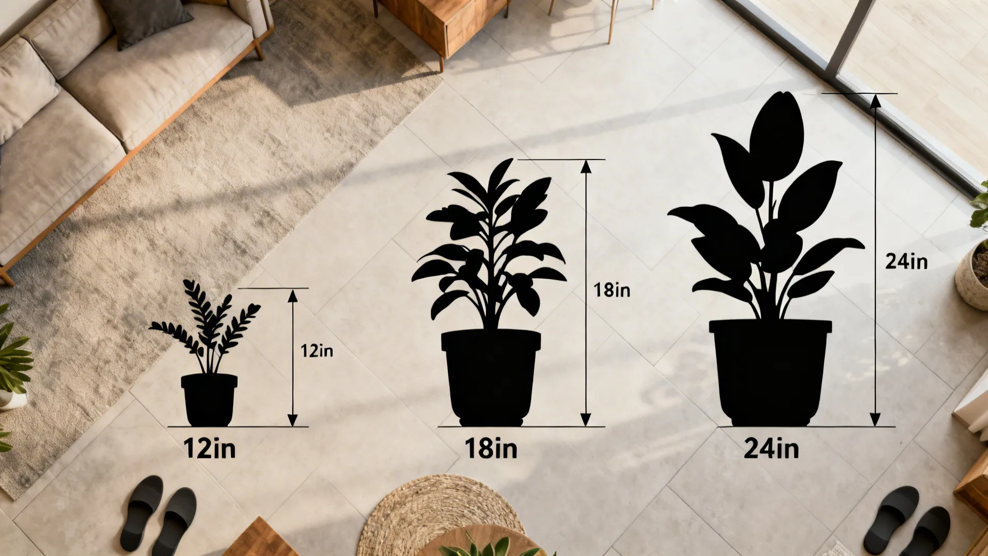 Diagram showing three black plant shapes of different sizes with height measurements on a floor