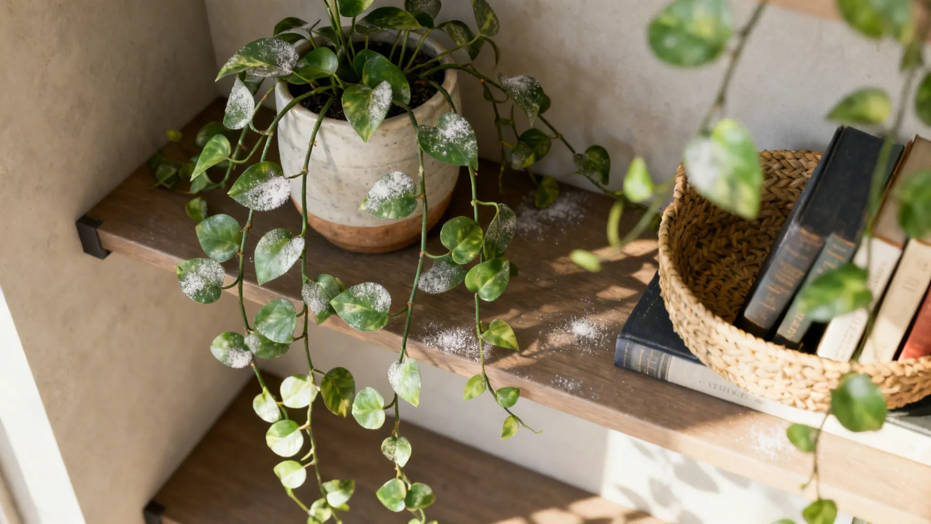 Corner shelf with faux hanging pothos, ceramic pot and woven basket, showing layered styling
