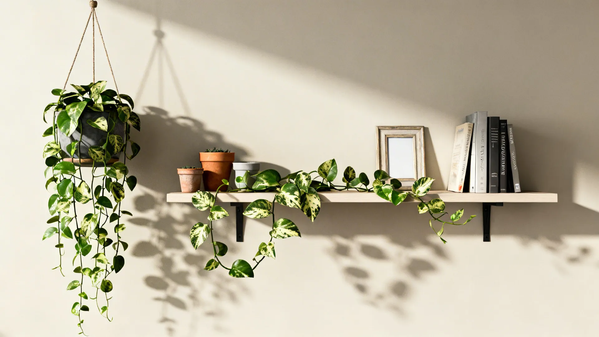 Top-down flatlay of a pothos styling mockup with hanging planter, floating shelf, and cascading vines.