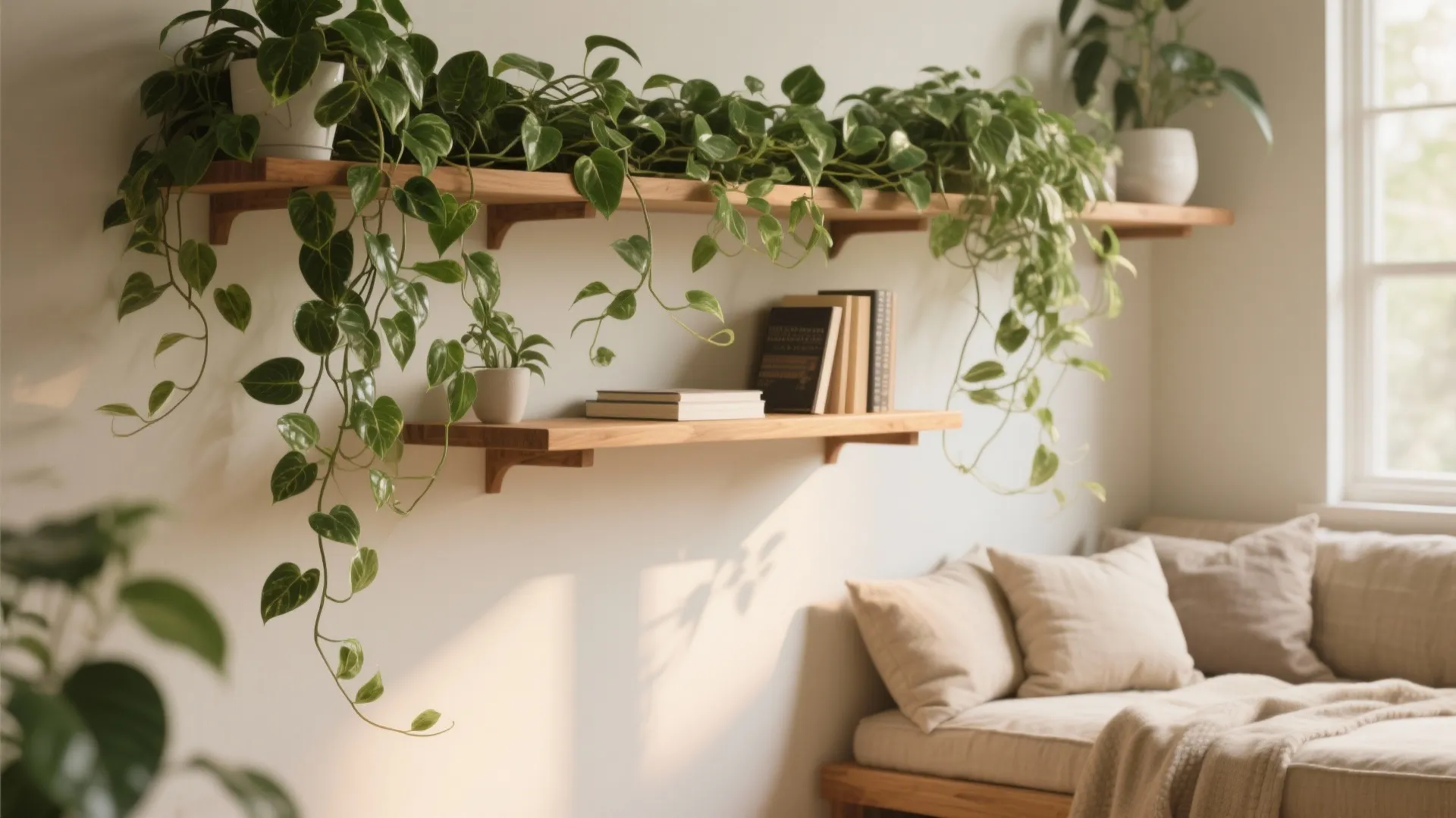 2. Cascading Pothos on Floating Shelves
