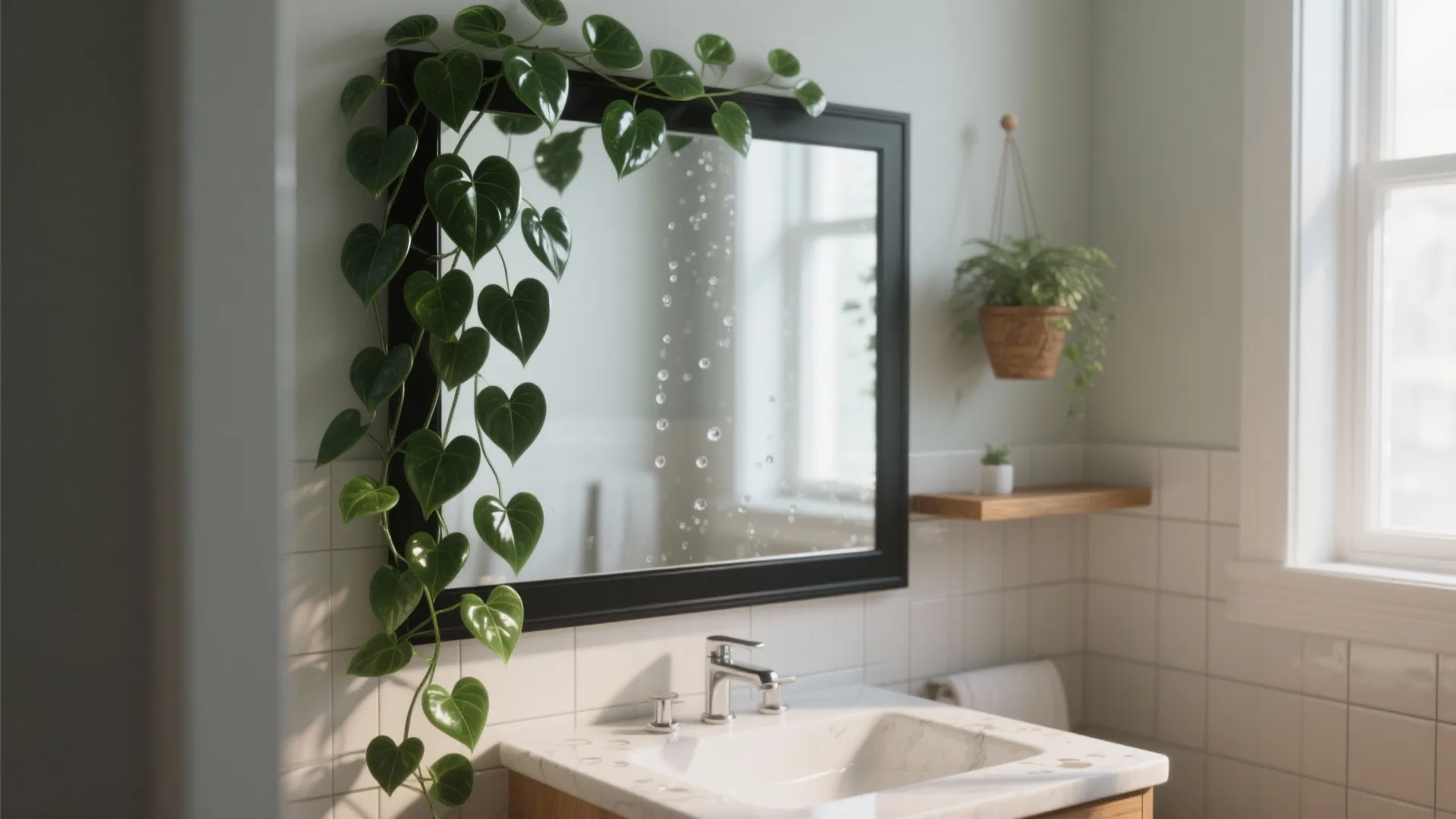 White marble bathroom sink with black framed mirror and green vine plant hanging from the wall