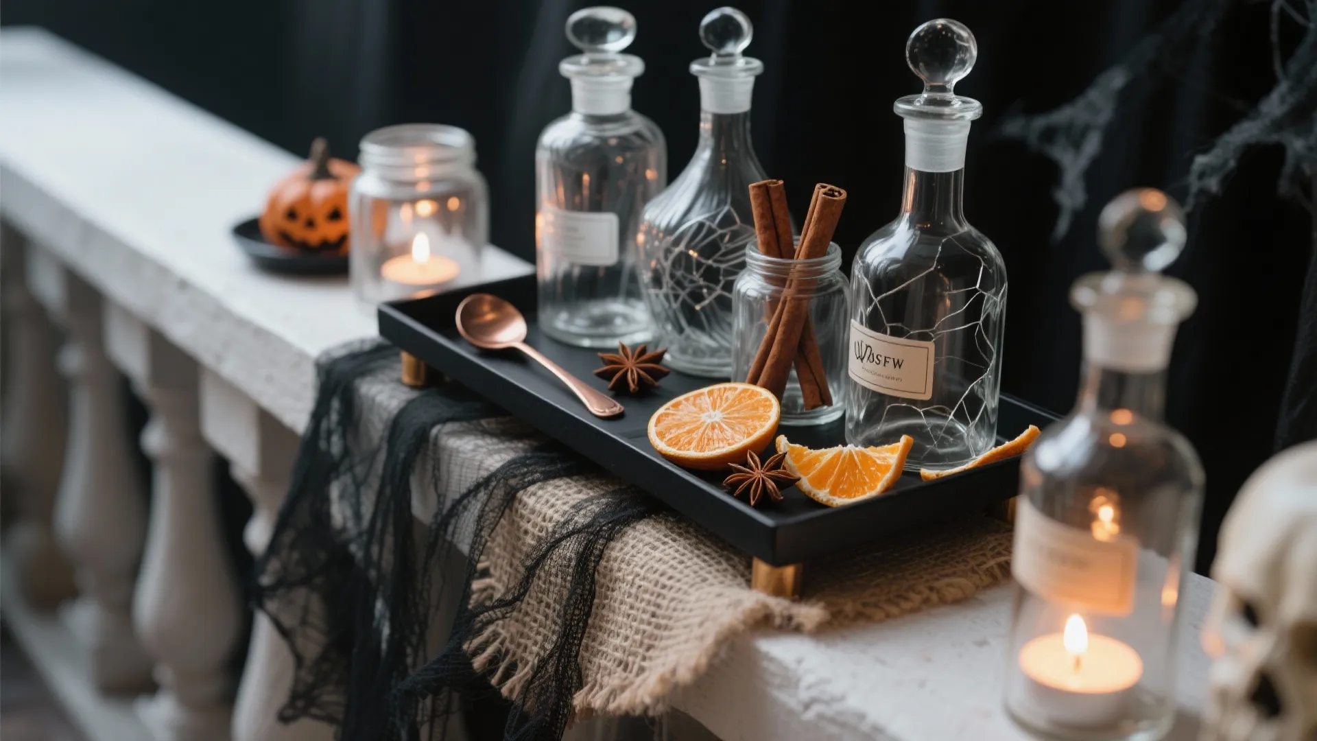 Compact Halloween potion bar with smoky bottles, spices, and LED tea lights styled on a narrow balcony shelf.