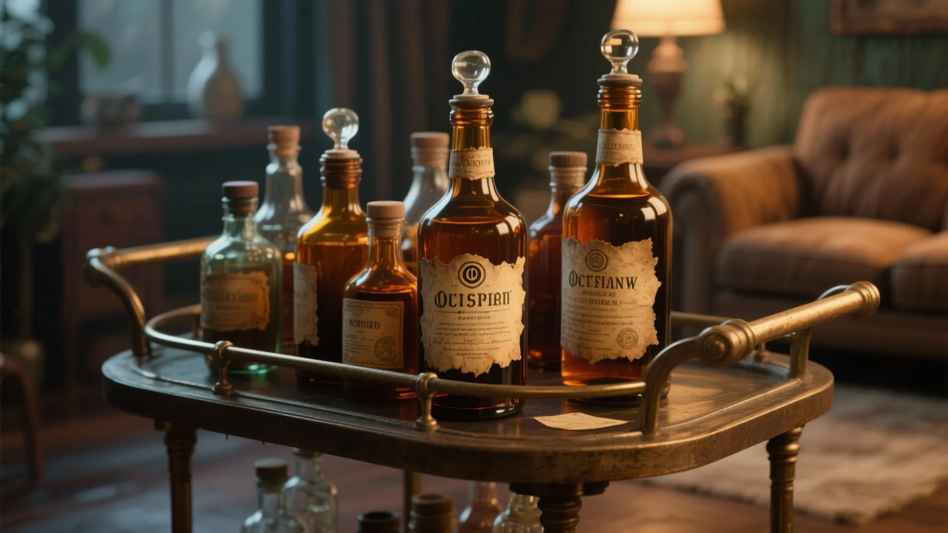 Vintage glass bottles with labels on a metal cart in a dimly lit living room