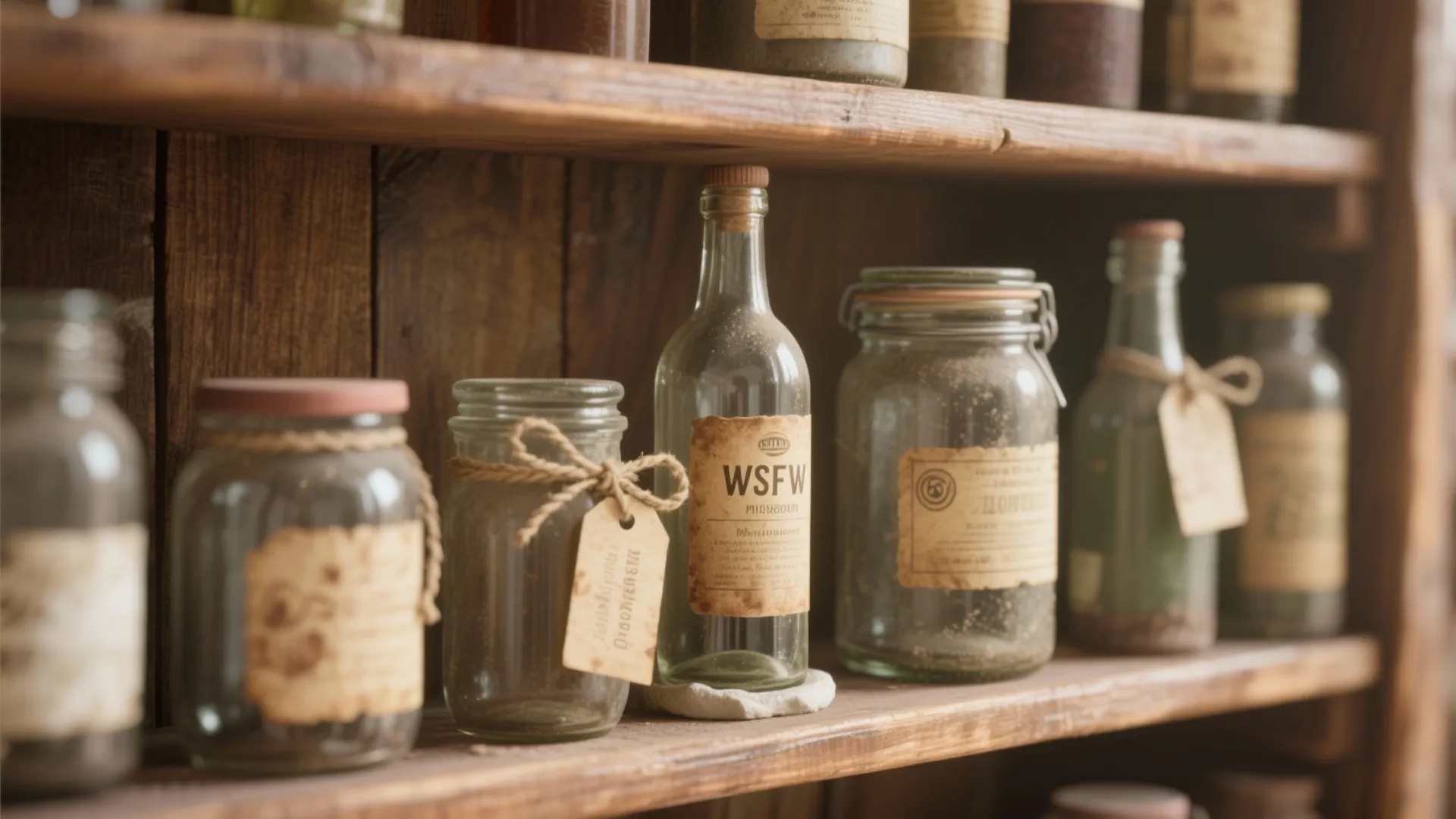 Vintage glass jars and bottles with paper labels arranged on rustic wooden shelves in room