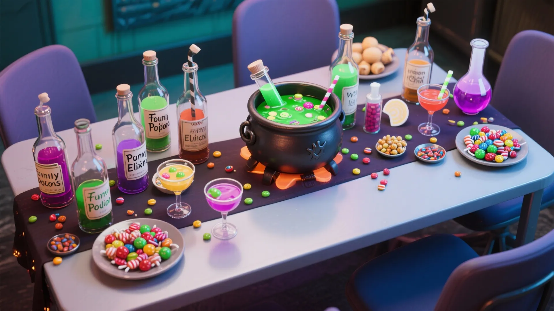 Table decorated with many potion bottles a black cauldron colorful candies and purple chairs around