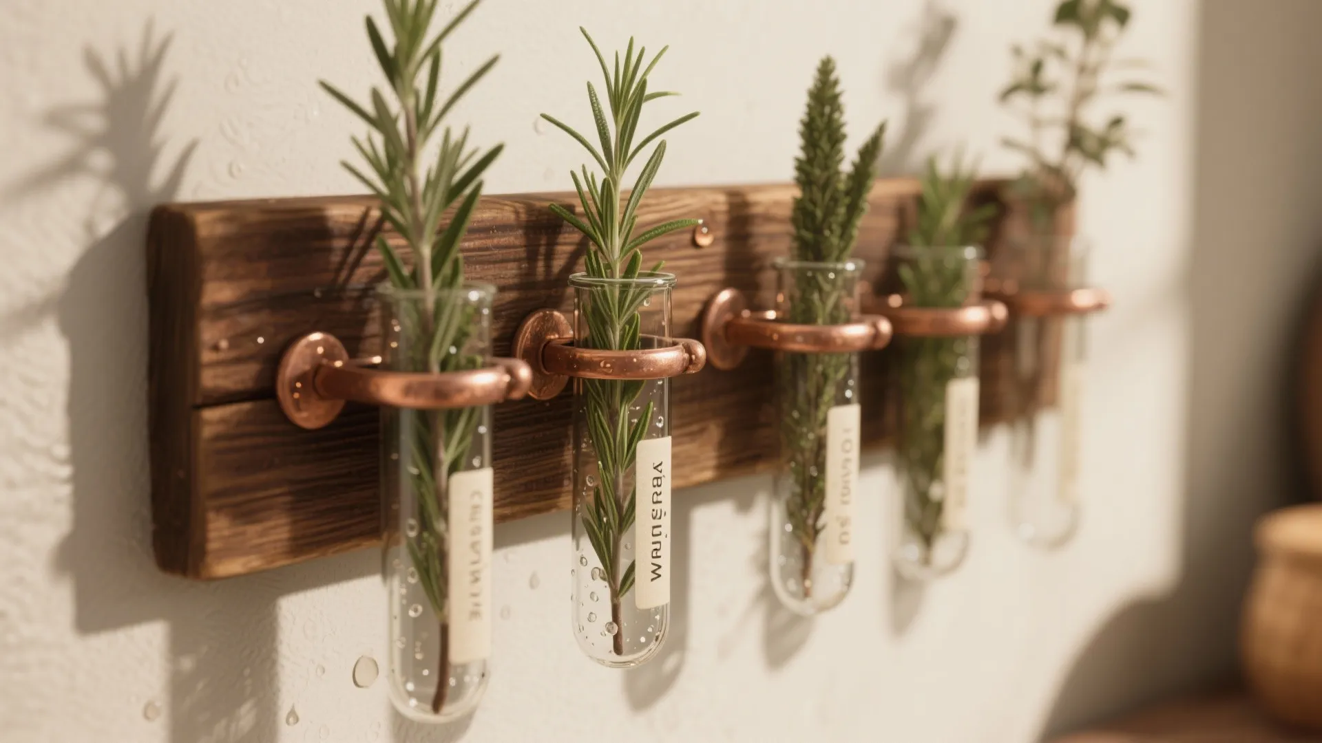 Wall mounted wooden rack holding glass tubes with fresh green herbs in a bright room