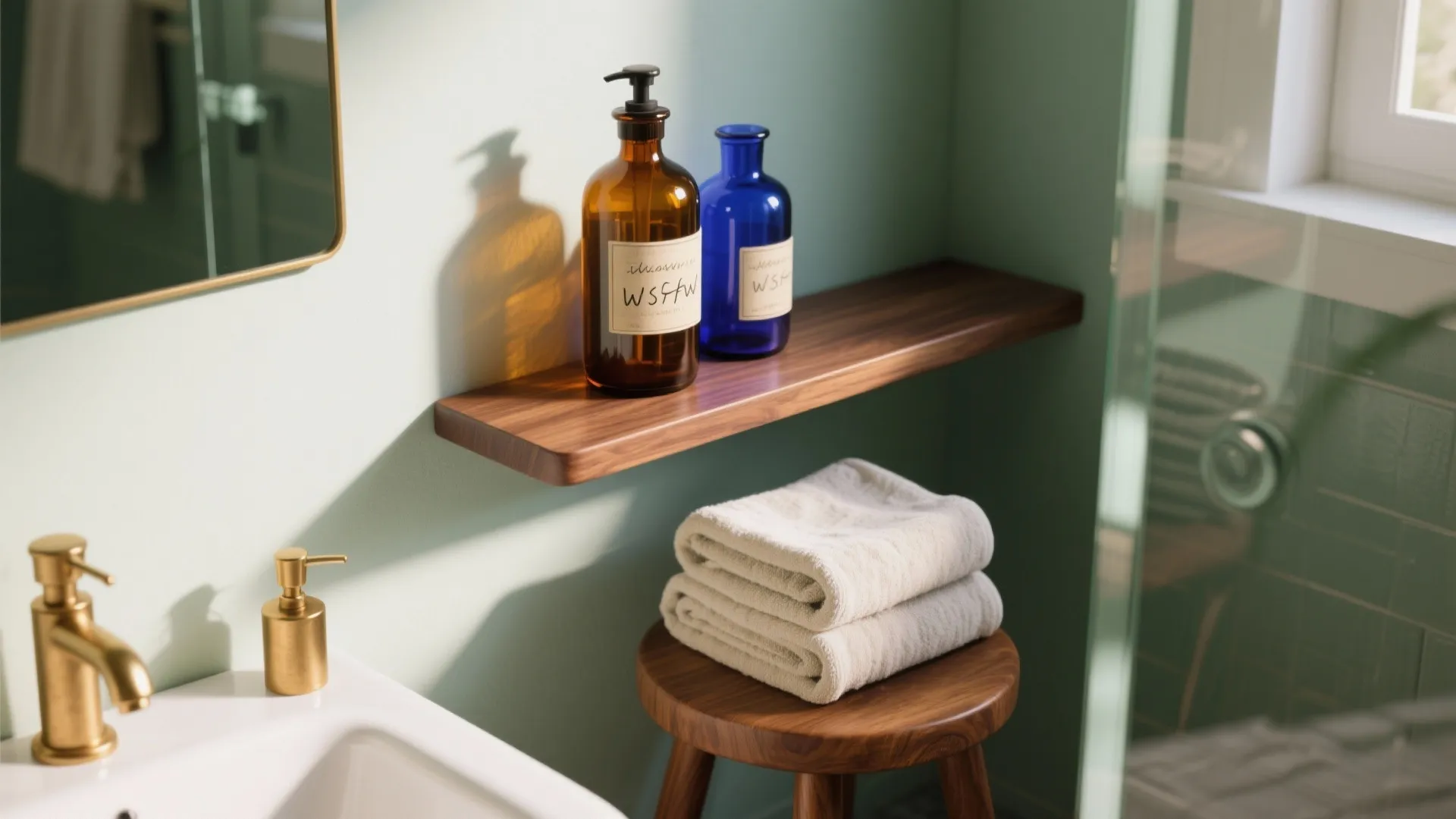 Modern bathroom with wood shelf holding glass bottles above towels on a small wooden stool