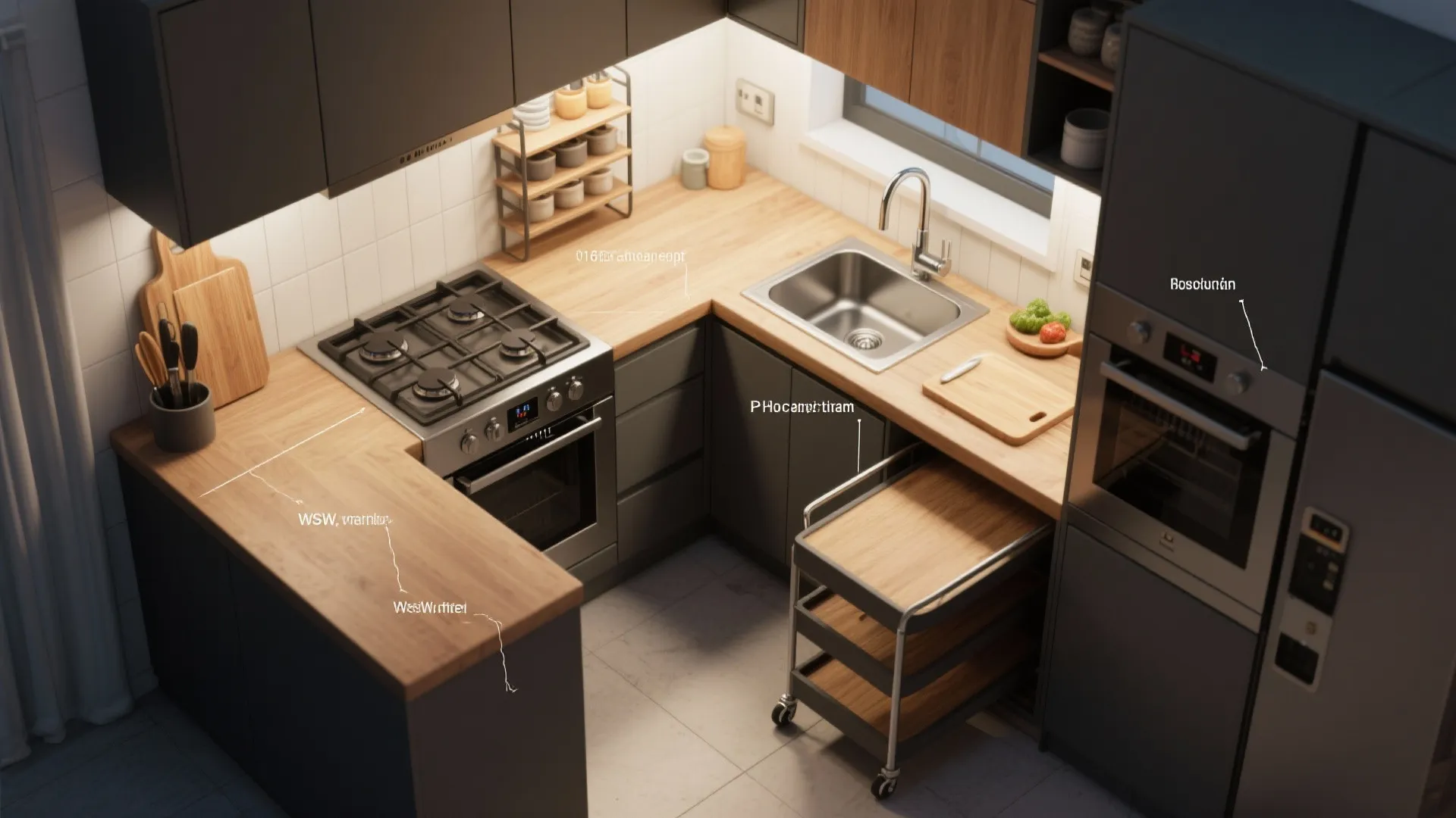 Modern kitchen interior design drawing showing dark cabinets wood countertops sink stove and a storage cart