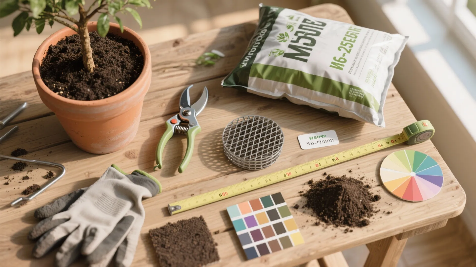 Gardening tools on wood table with plant pot soil bag gloves tape measure and color swatches
