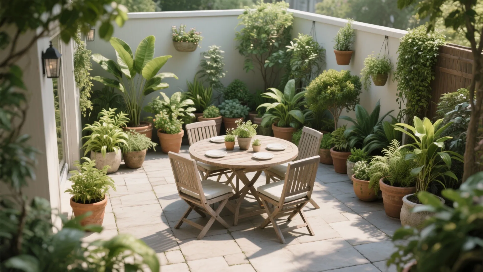 Outdoor patio design with wooden dining table and chairs surrounded by many green potted plants