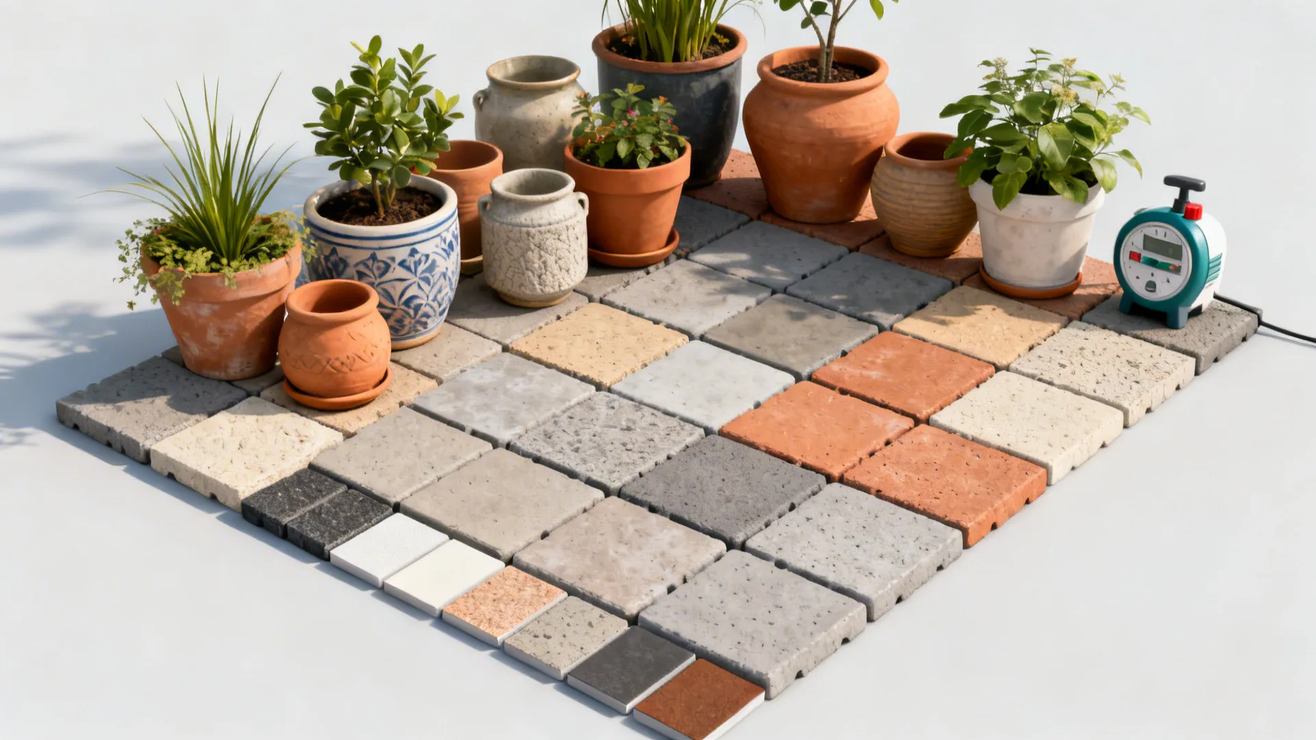 Top-down layout of modular pavers and grouped pots showing textures and plant placement.