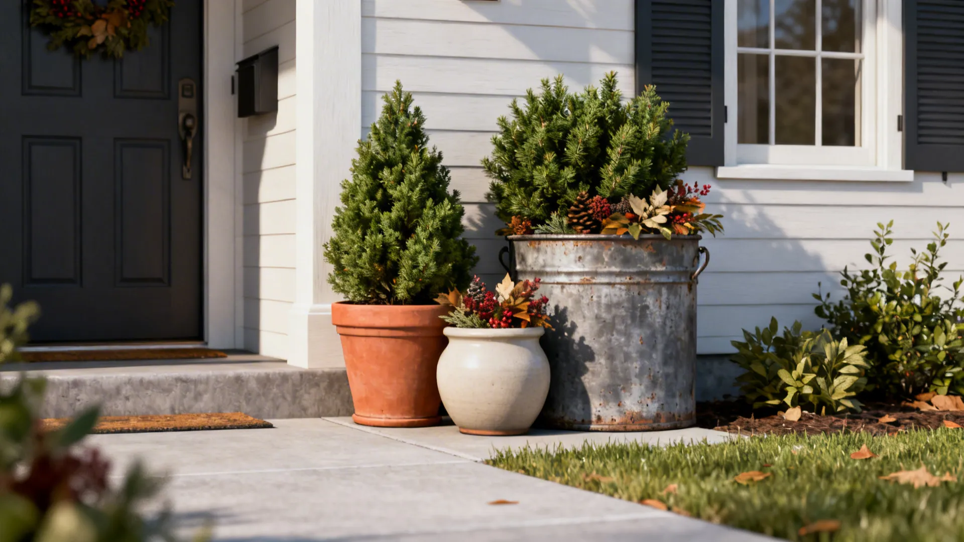 Three decorative pots of varying sizes near a front entry with mixed evergreen and seasonal plants.