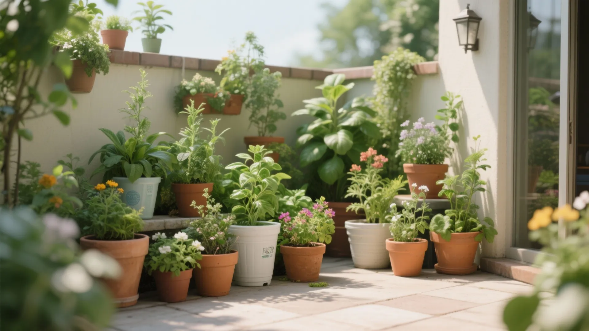 Grouped patio plants creating a cozy corner