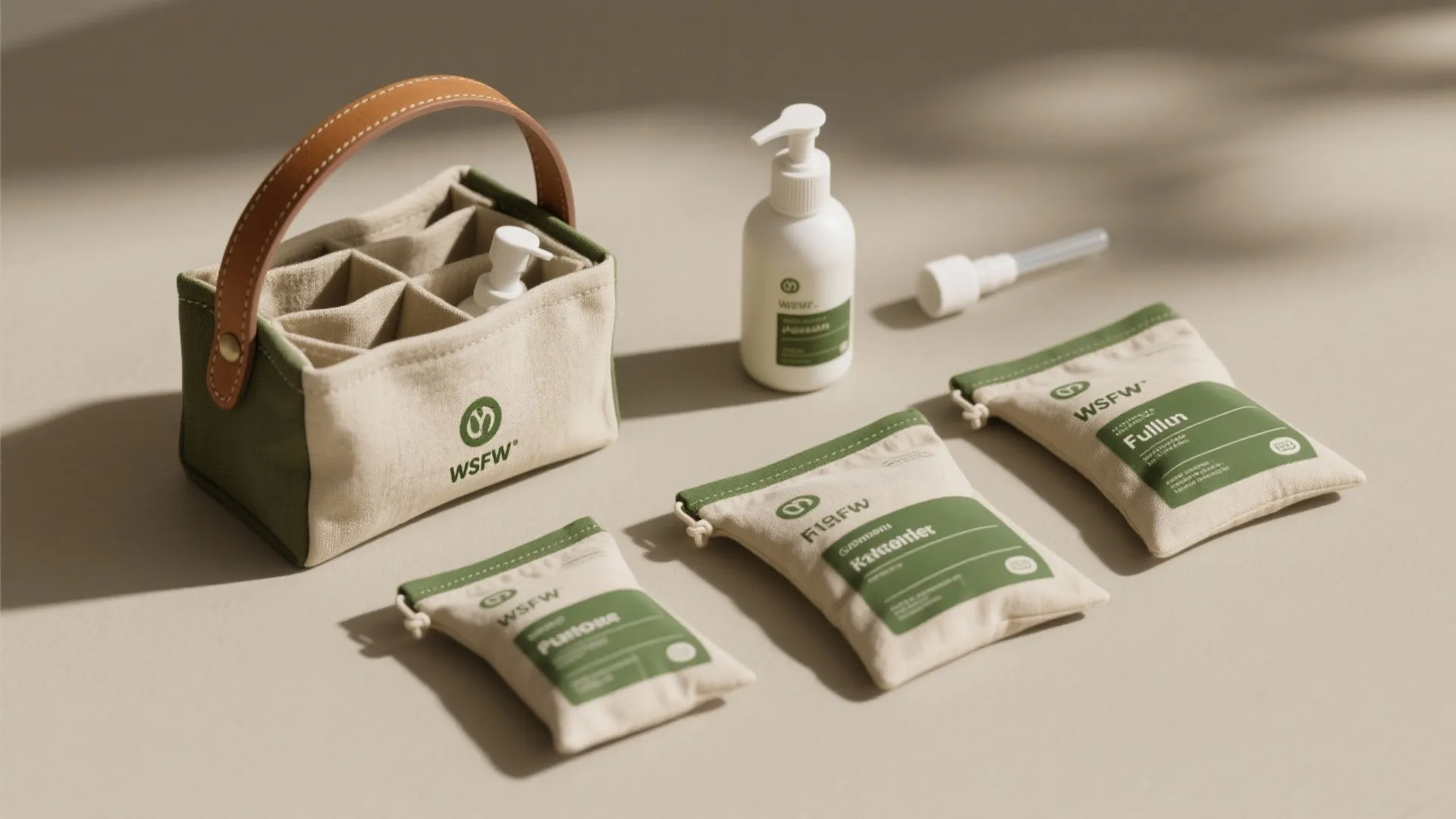 Canvas storage caddy with leather handle beside white pump bottles and small green labeled pouches