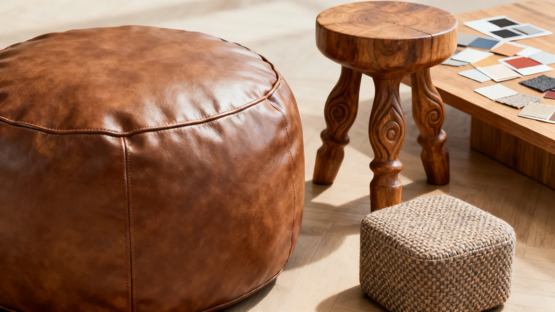 Flatlay of leather pouf, wooden stool, and fabric ottoman samples for small-space seating.