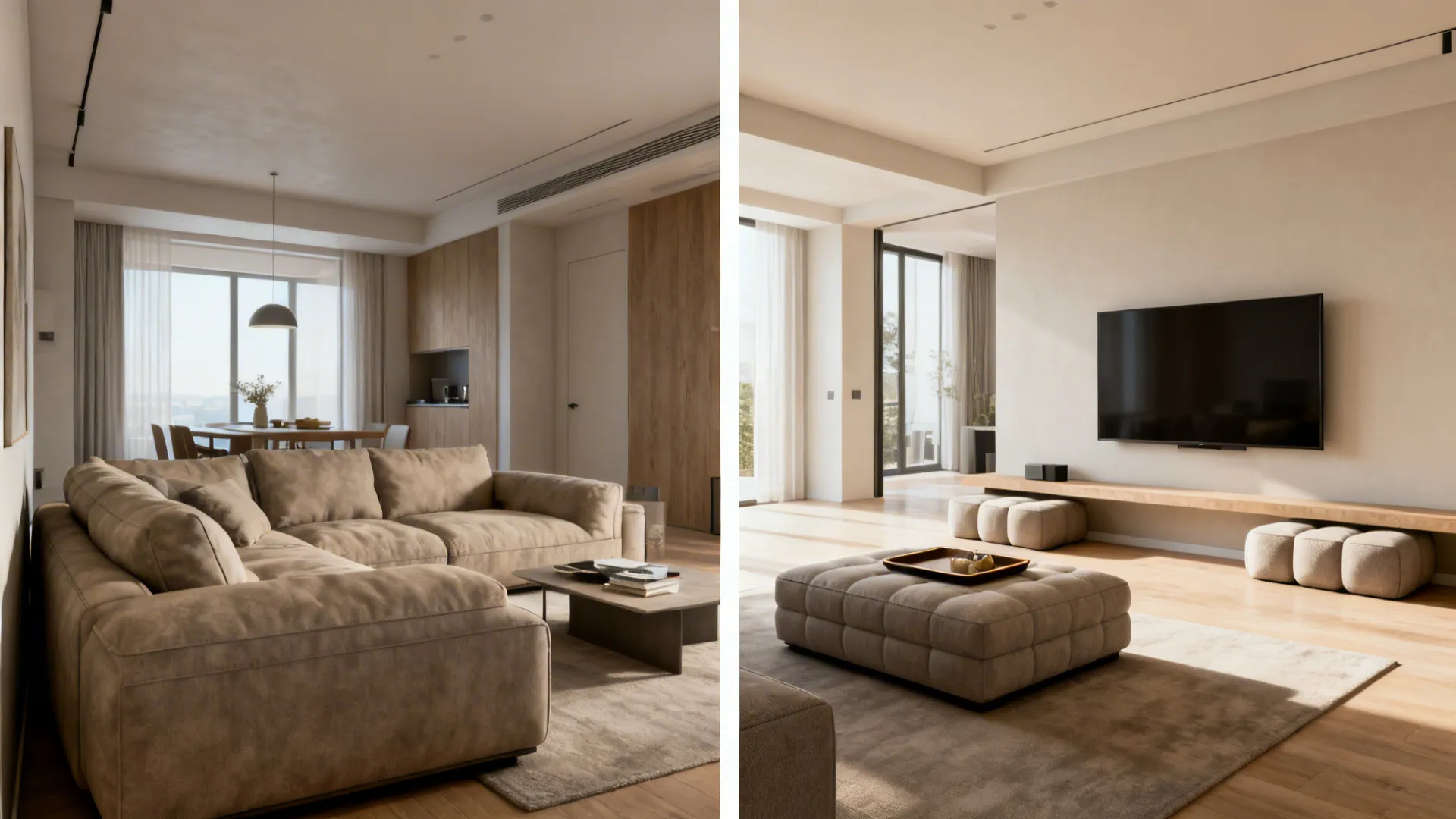 Before-and-after of a small living room transforming from bulky sofa to modular poufs with open sightlines.