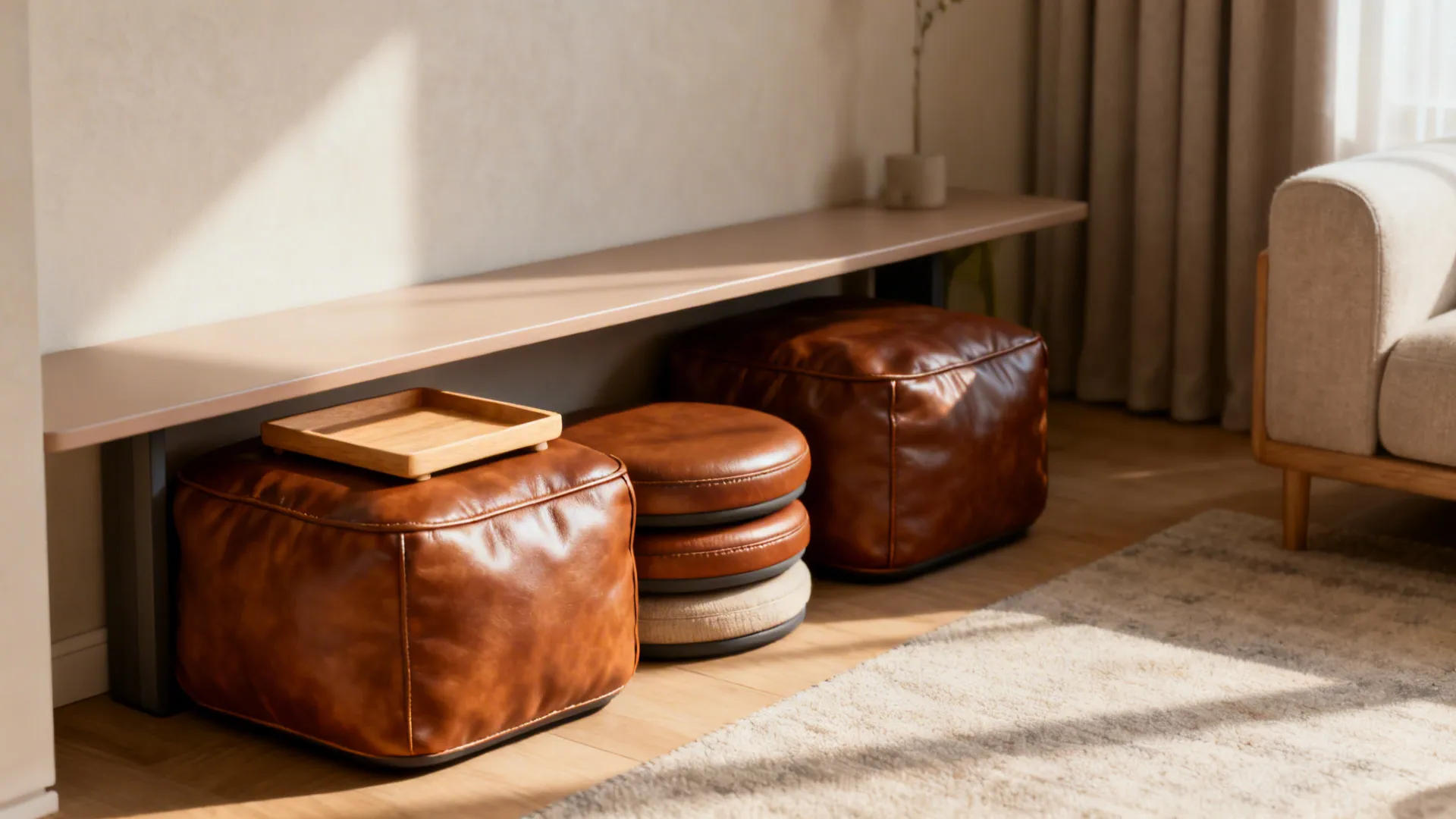Brown leather soft seats with wooden tray under long shelf in a bright modern room
