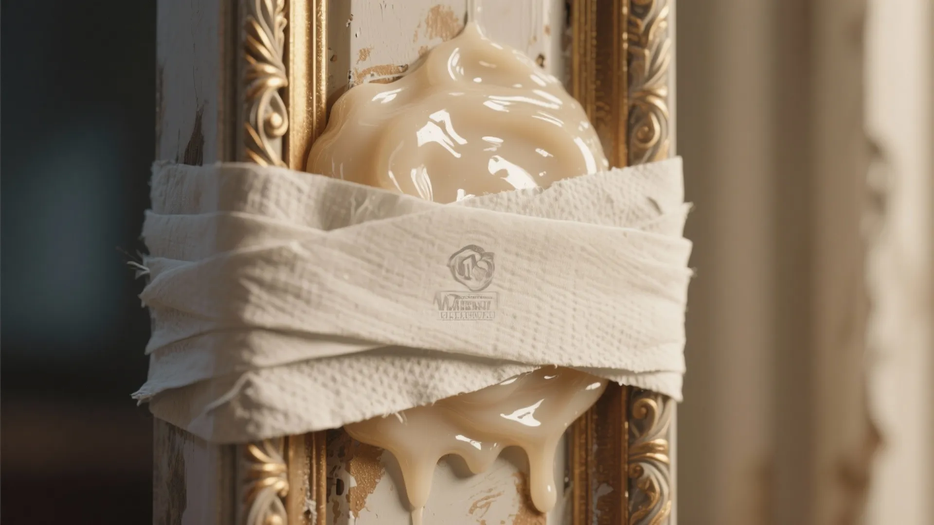 Thick white paste applied to a gold picture frame and wrapped tightly with white paper