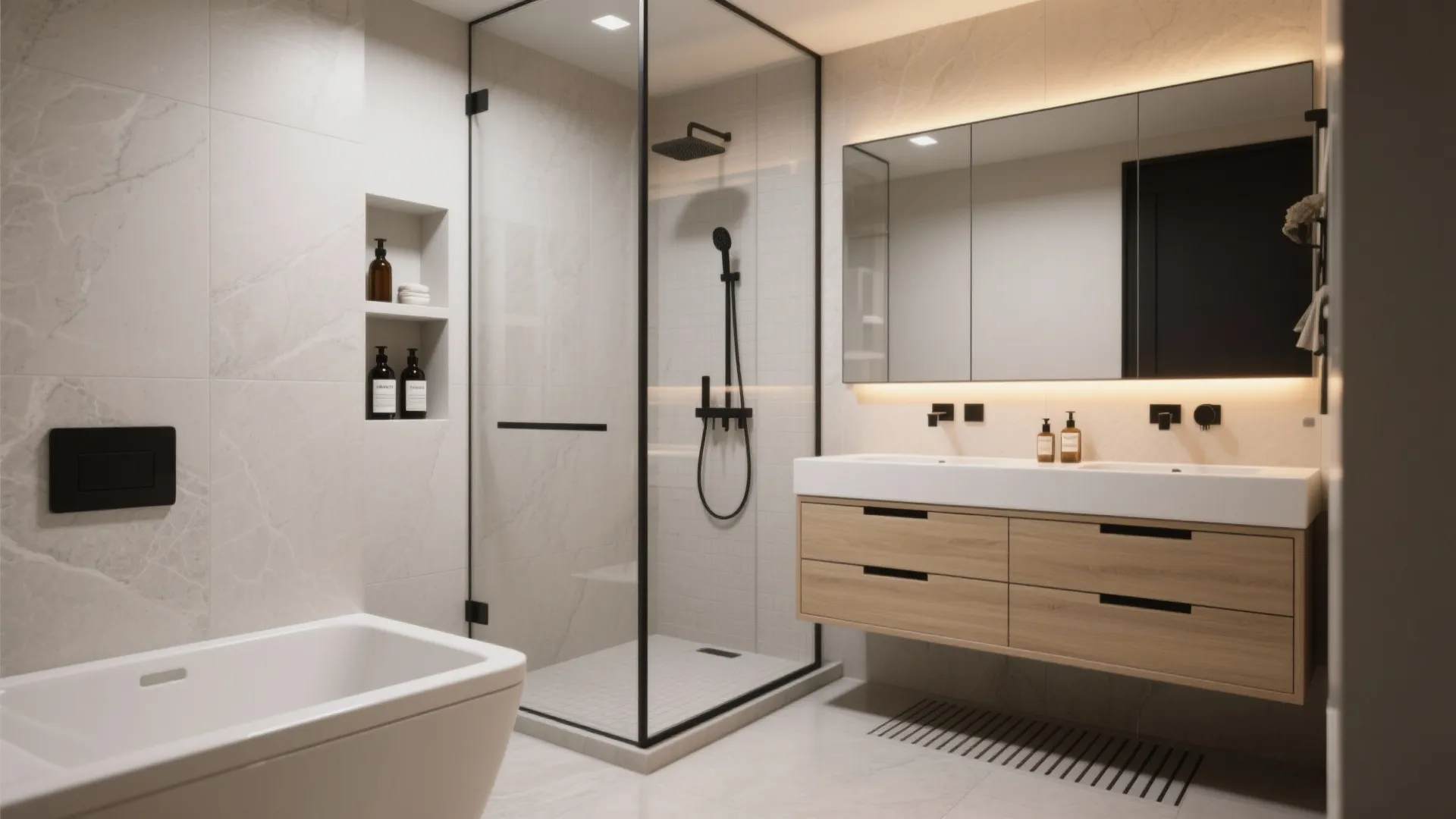 Compact spa-style bathrooms with niches, glass dividers, and smart storage