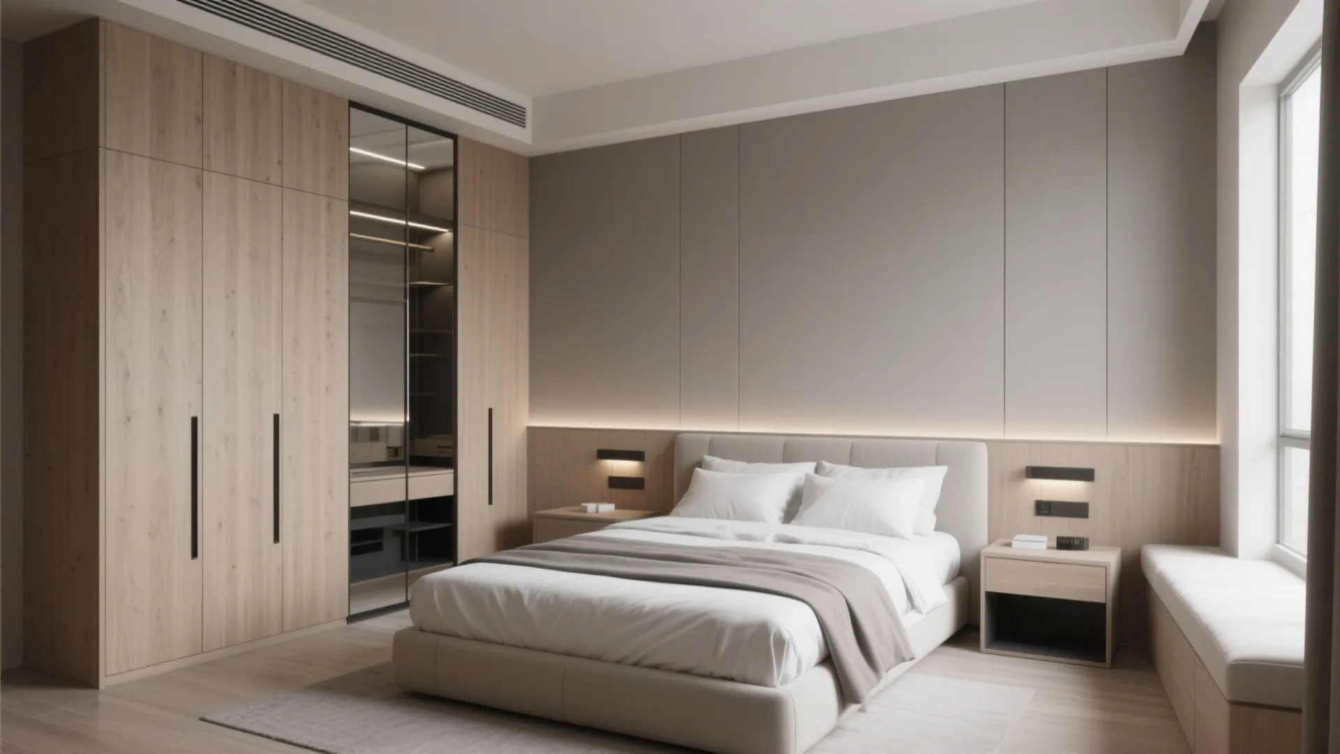 Master bedroom storage wall with a calm, elevated palette