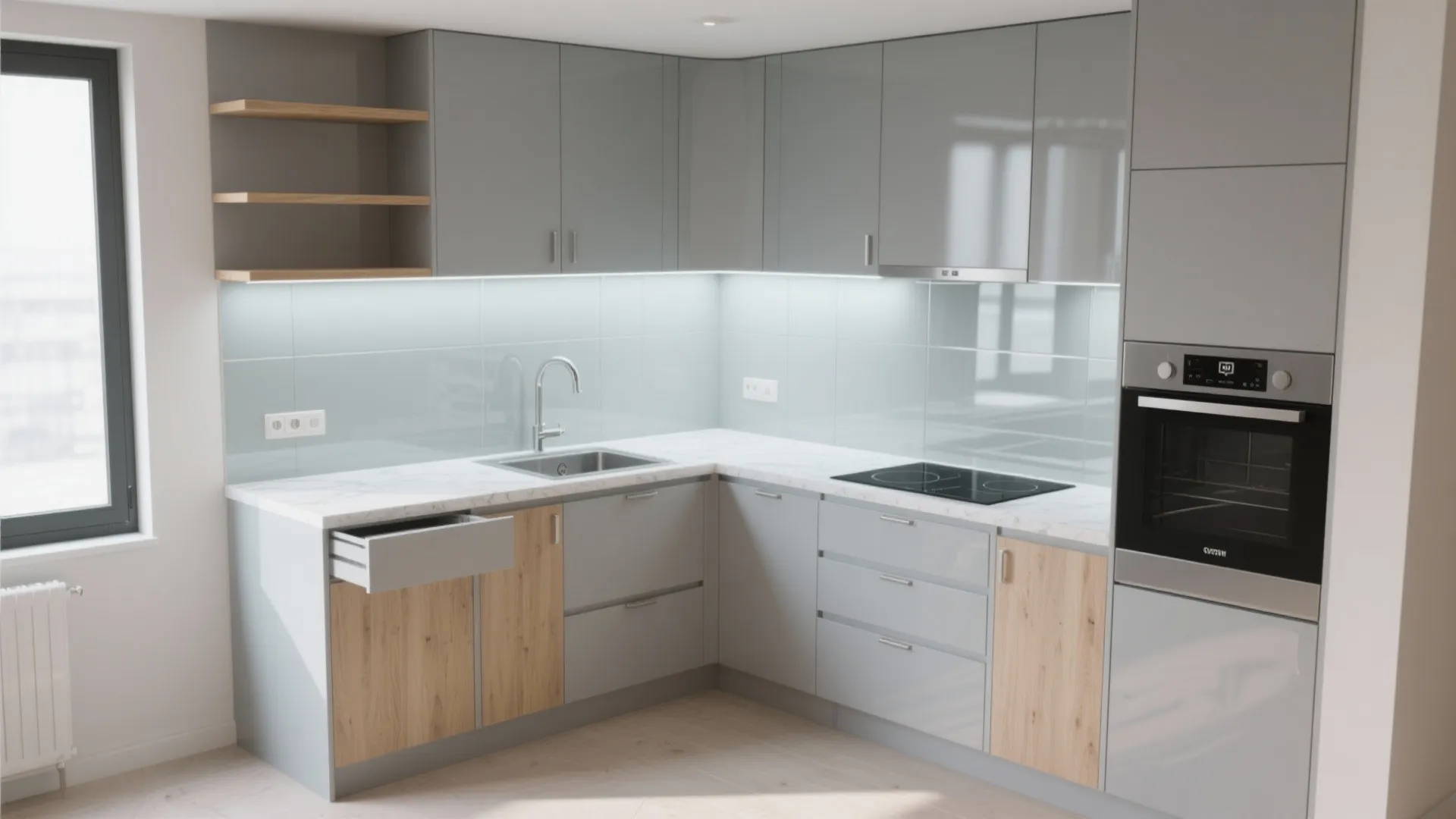 L-shaped modular kitchen with a bright, easy-clean backsplash