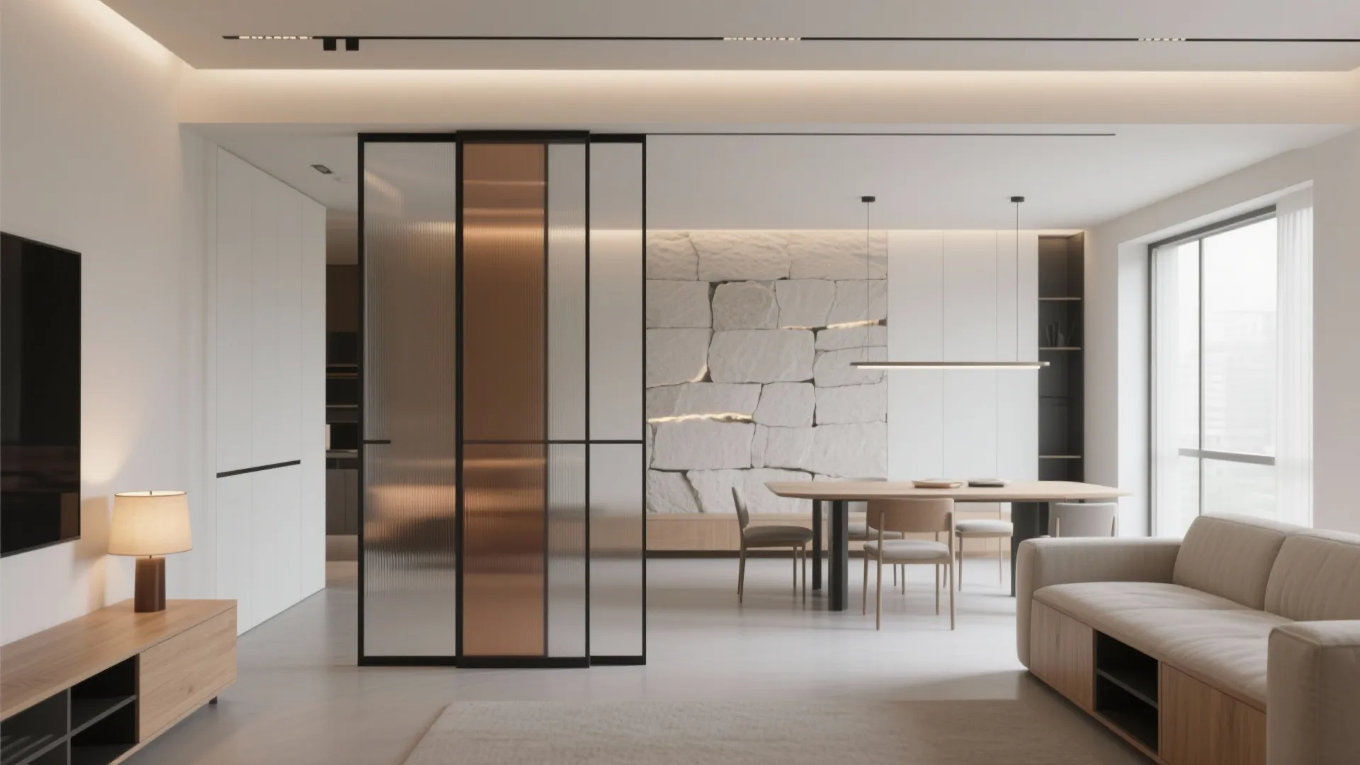 Open-plan living–dining with a sliding glass partition and layered light