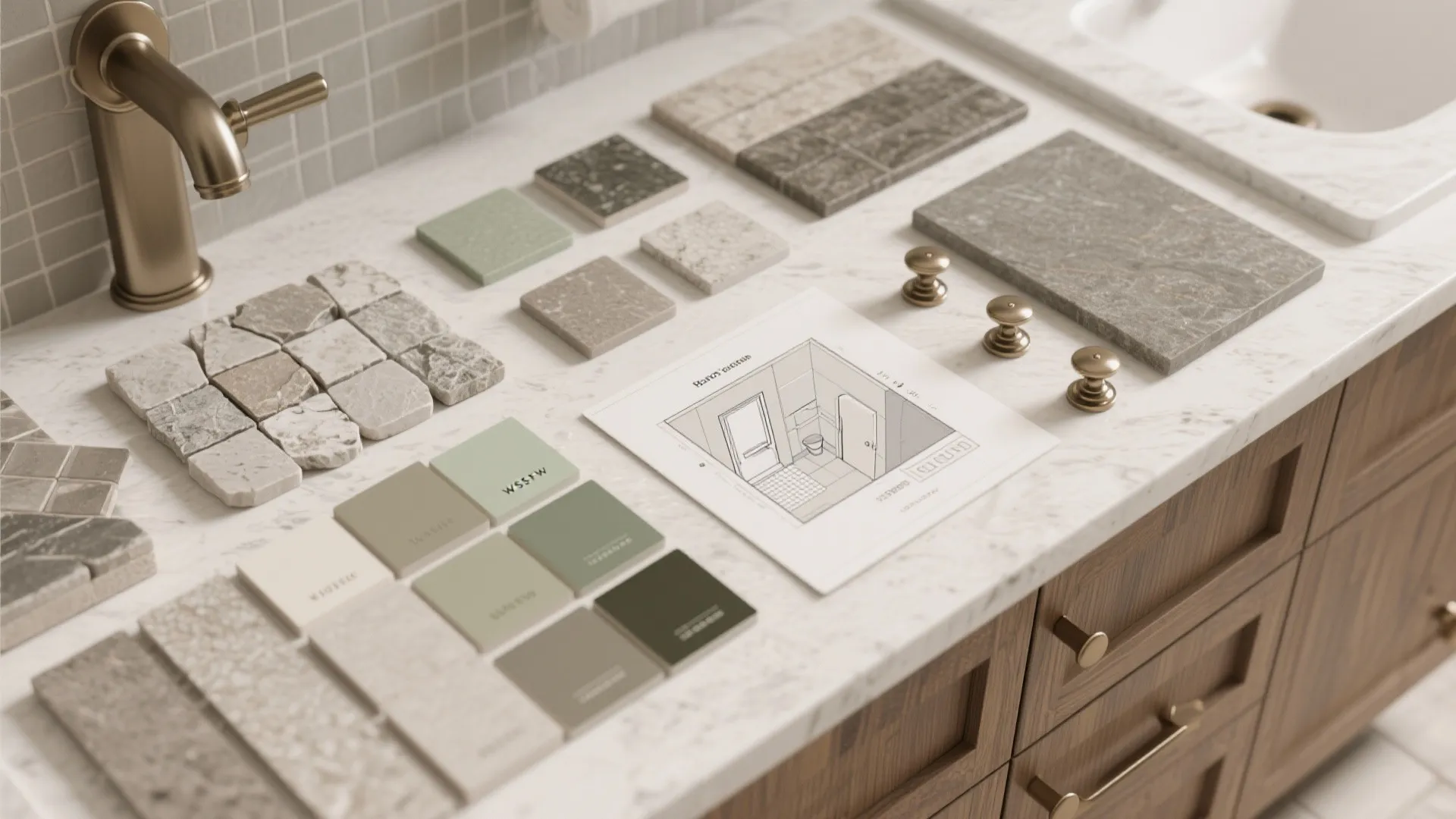 Top-down material flatlay with tile, countertop, and fixture samples for powder room and three baths.