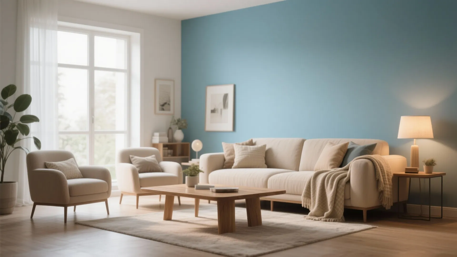 Living room with a powder blue accent wall paired with beige furniture and warm lighting