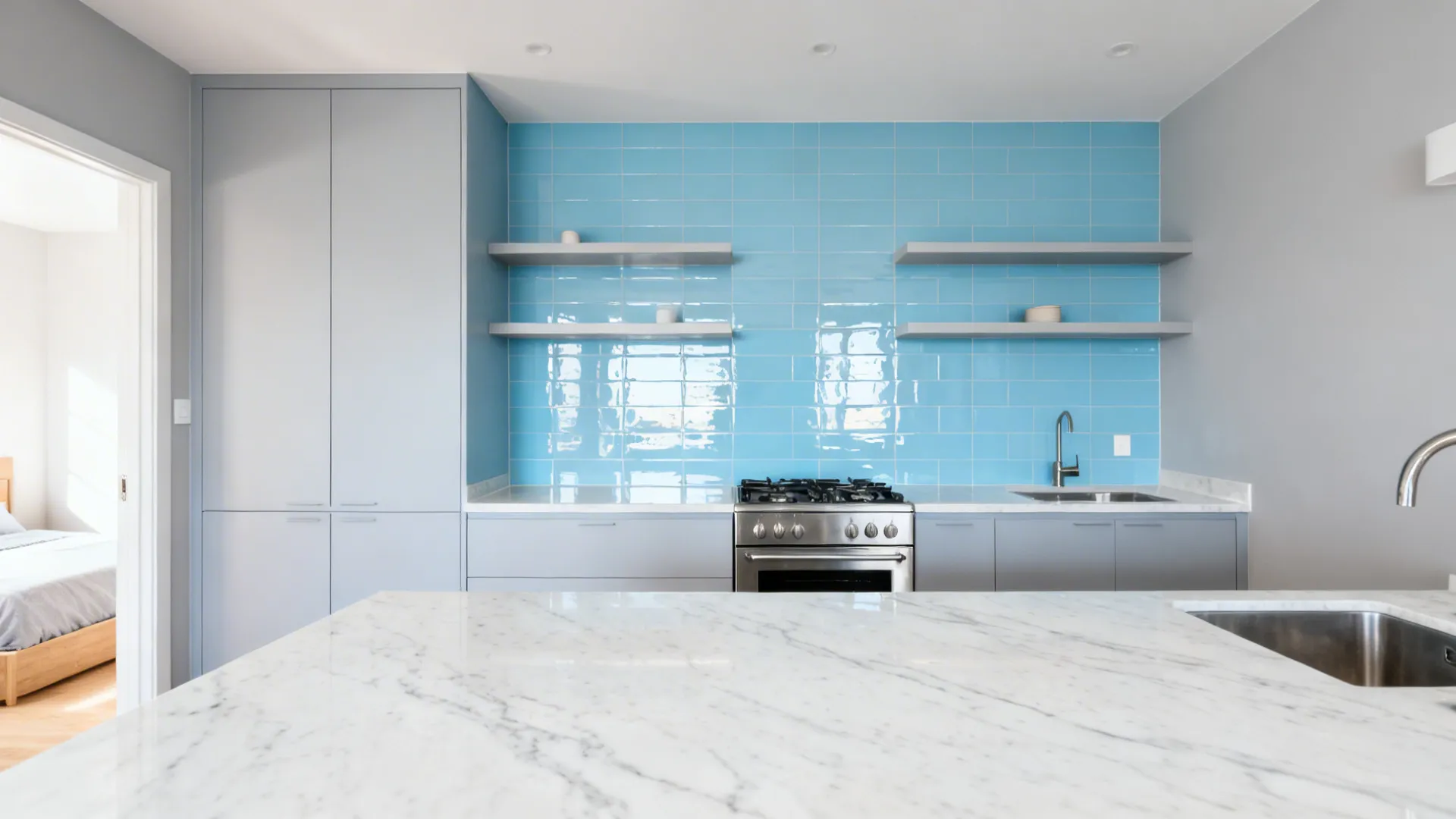 3) Pale Grey Shell with Powder-Blue Backsplash