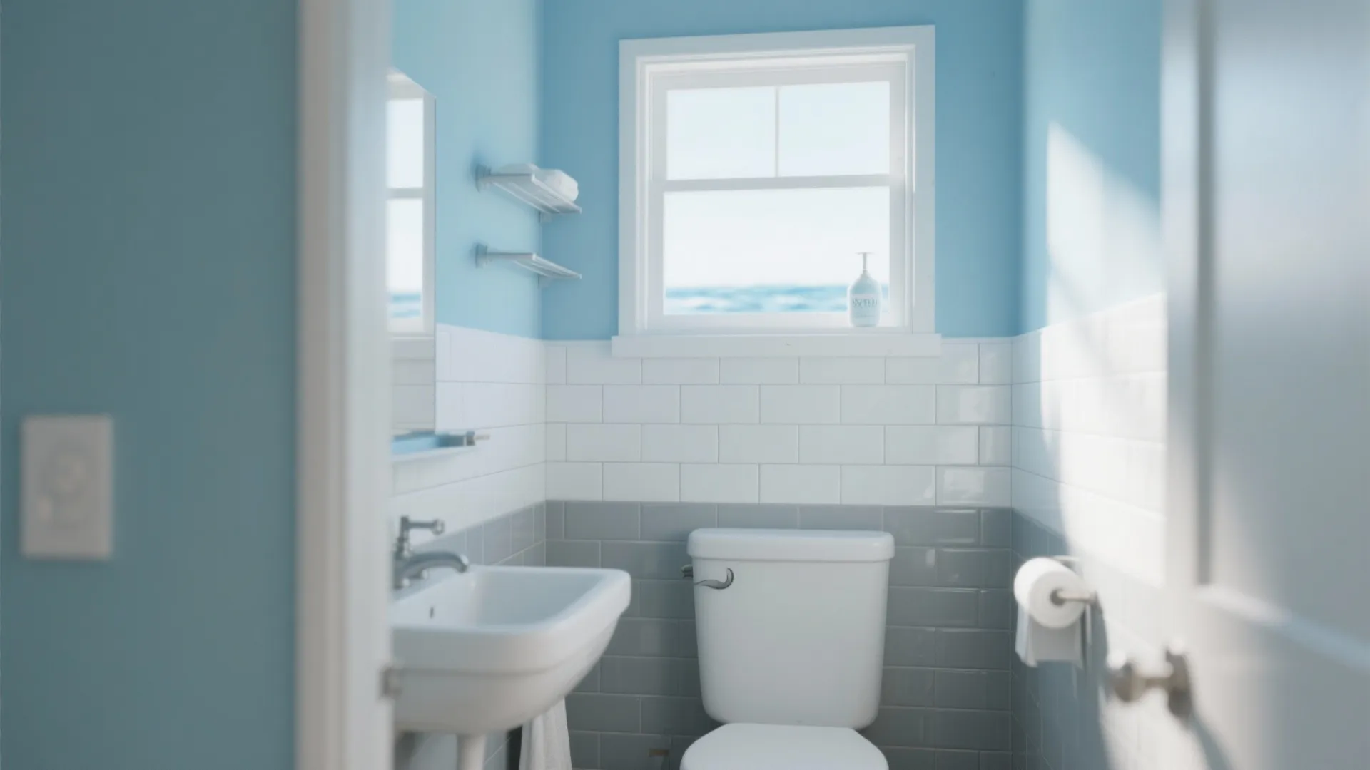 Light blue bathroom with white brick wall tiles a small window and a white sink