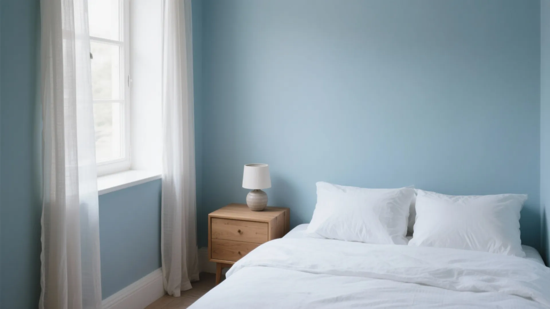 Compact bedroom with powder blue-gray walls, white bedding, and an oak nightstand in soft light.