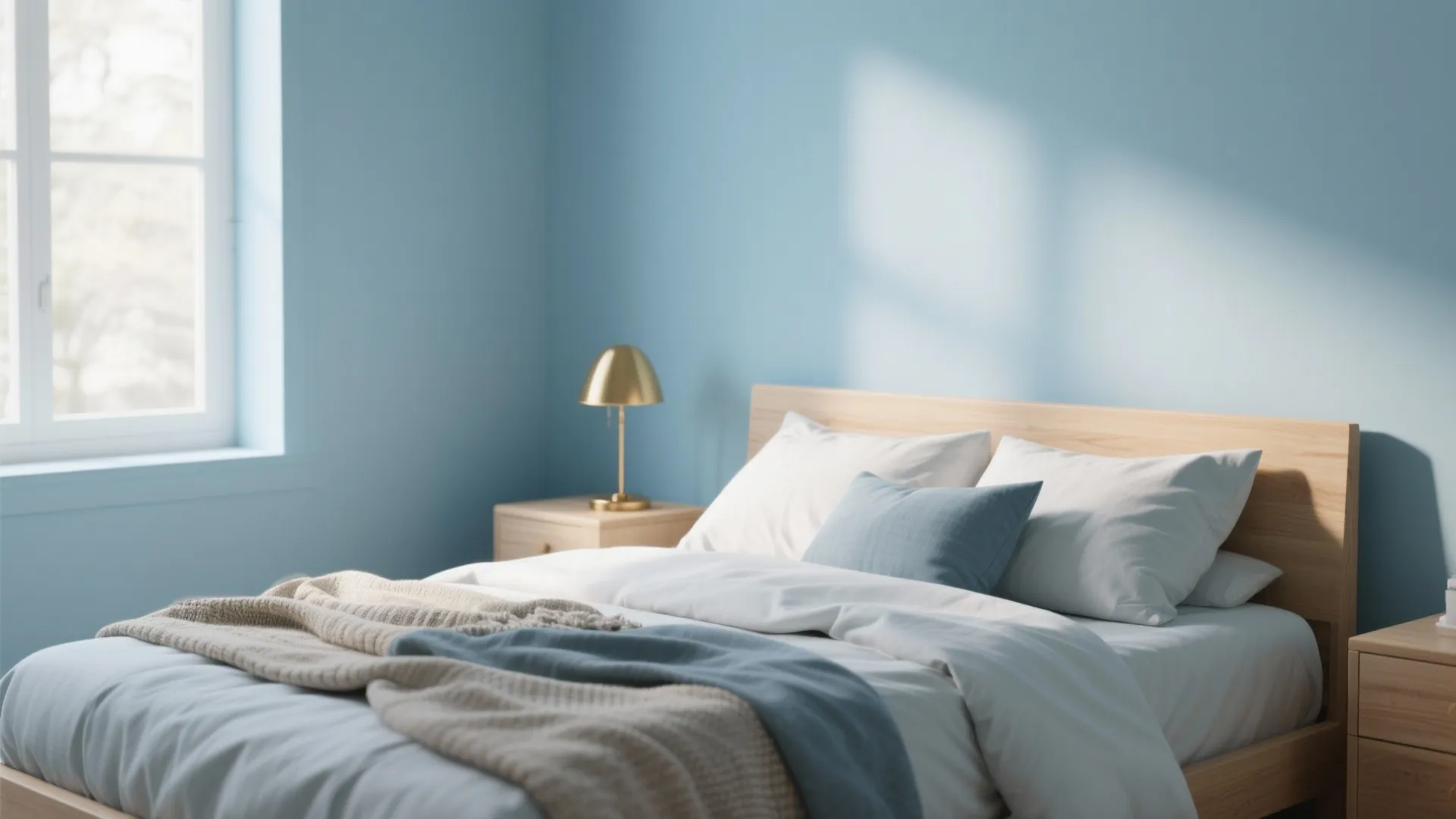 Airy bedroom painted in soft powder blue with light oak furniture and brass accents to warm the space.