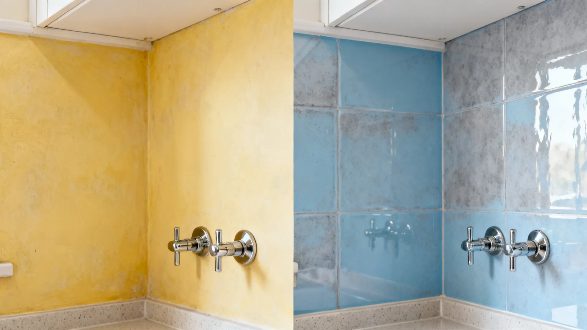 Before-and-after of small kitchen walls changing to powder blue with glossy backsplash.