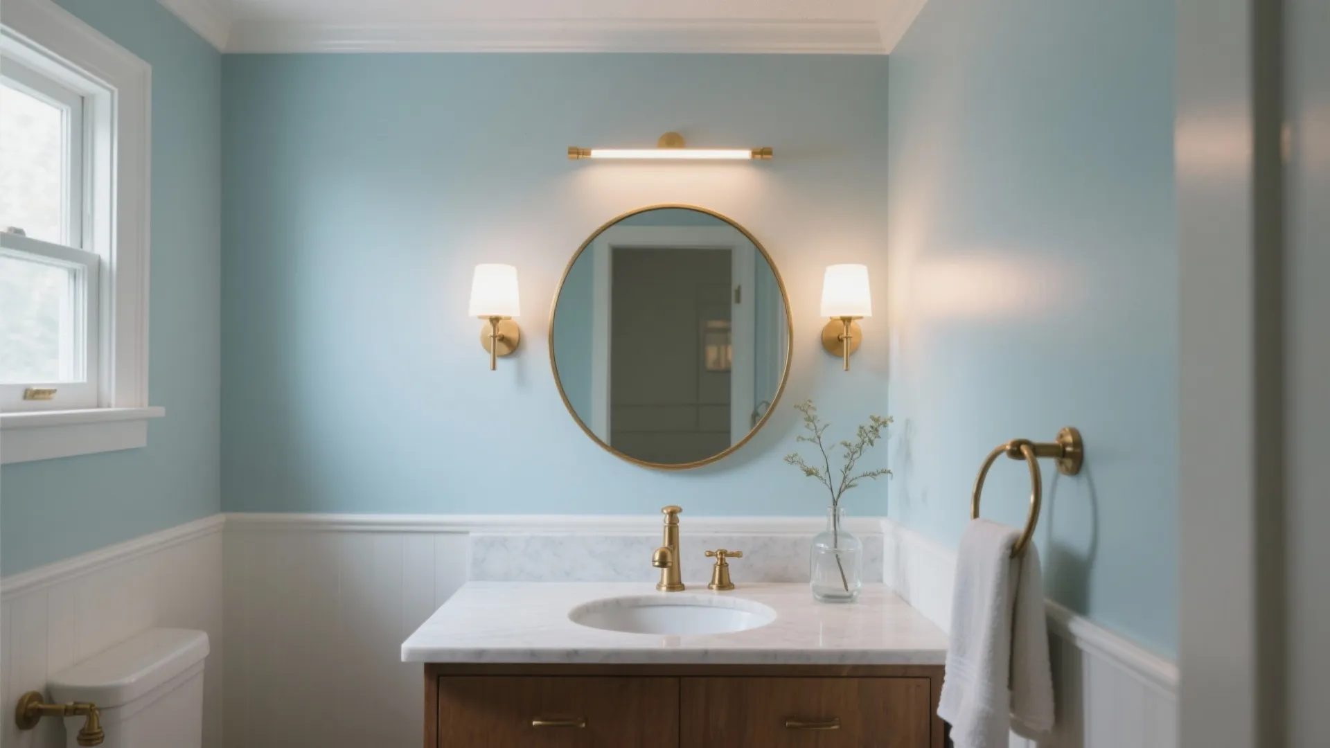 1) Coastal Powder Blue with Warm Brass