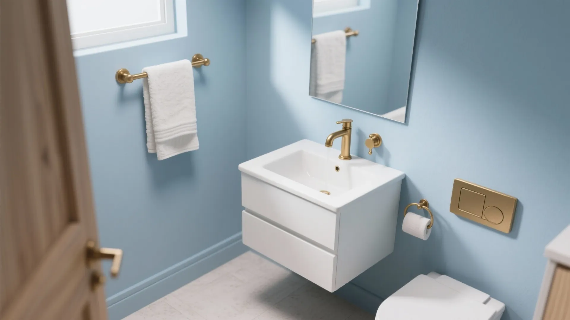 Soft Powder Blue Walls + Warm Metals