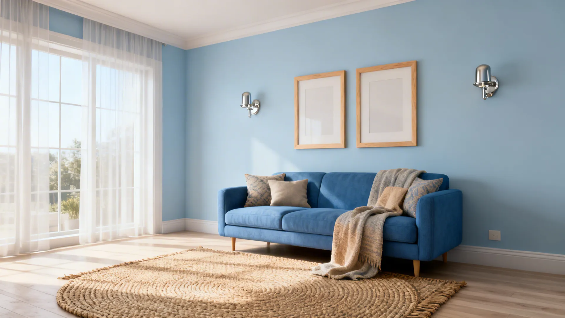 Airy living area with powder blue walls, brushed nickel sconces, and warm woven rug.