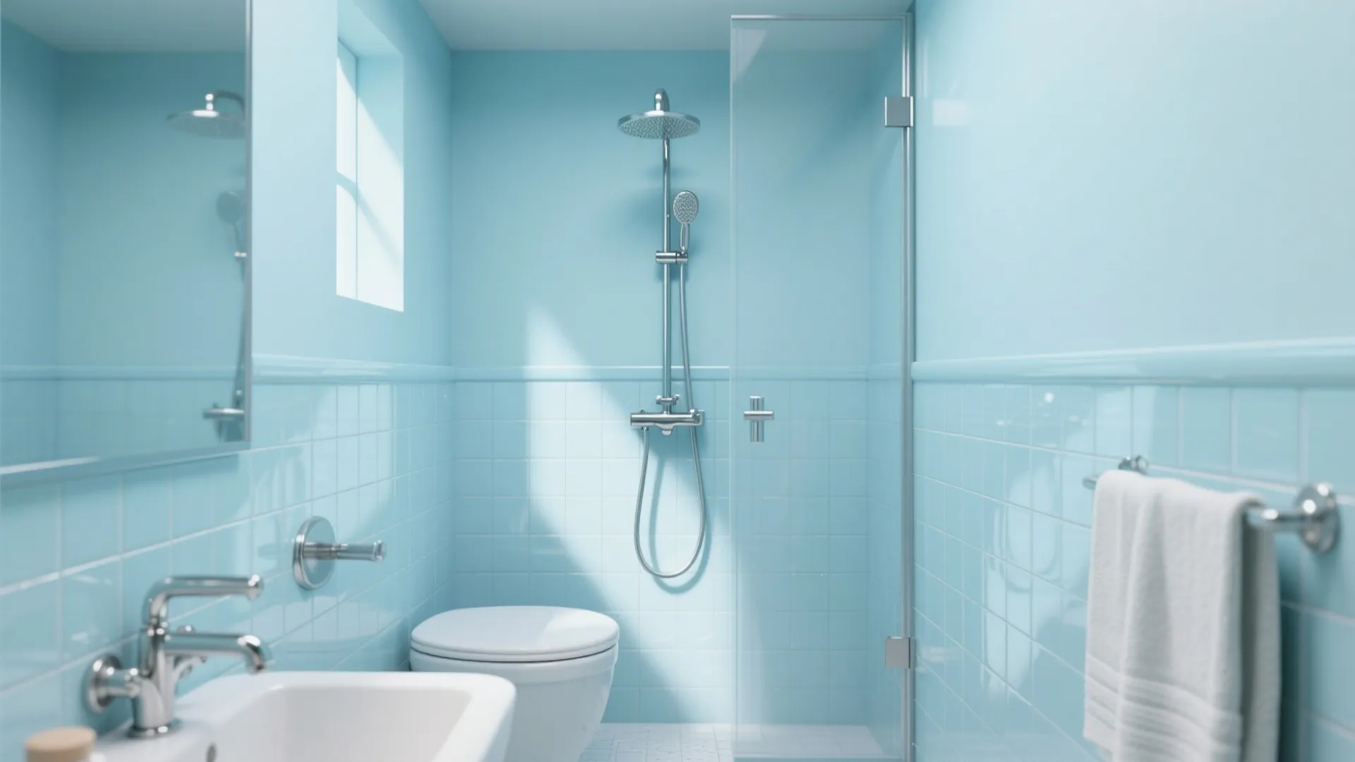 Light blue tiled bathroom with white toilet glass shower door chrome shower head and lighting