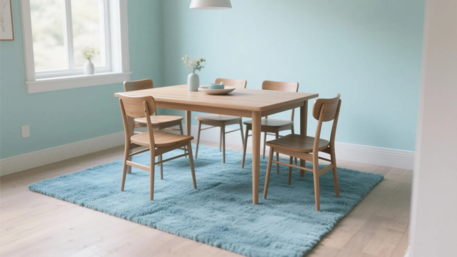 Powder blue rug under a wooden dining set creating a soft, airy contrast.