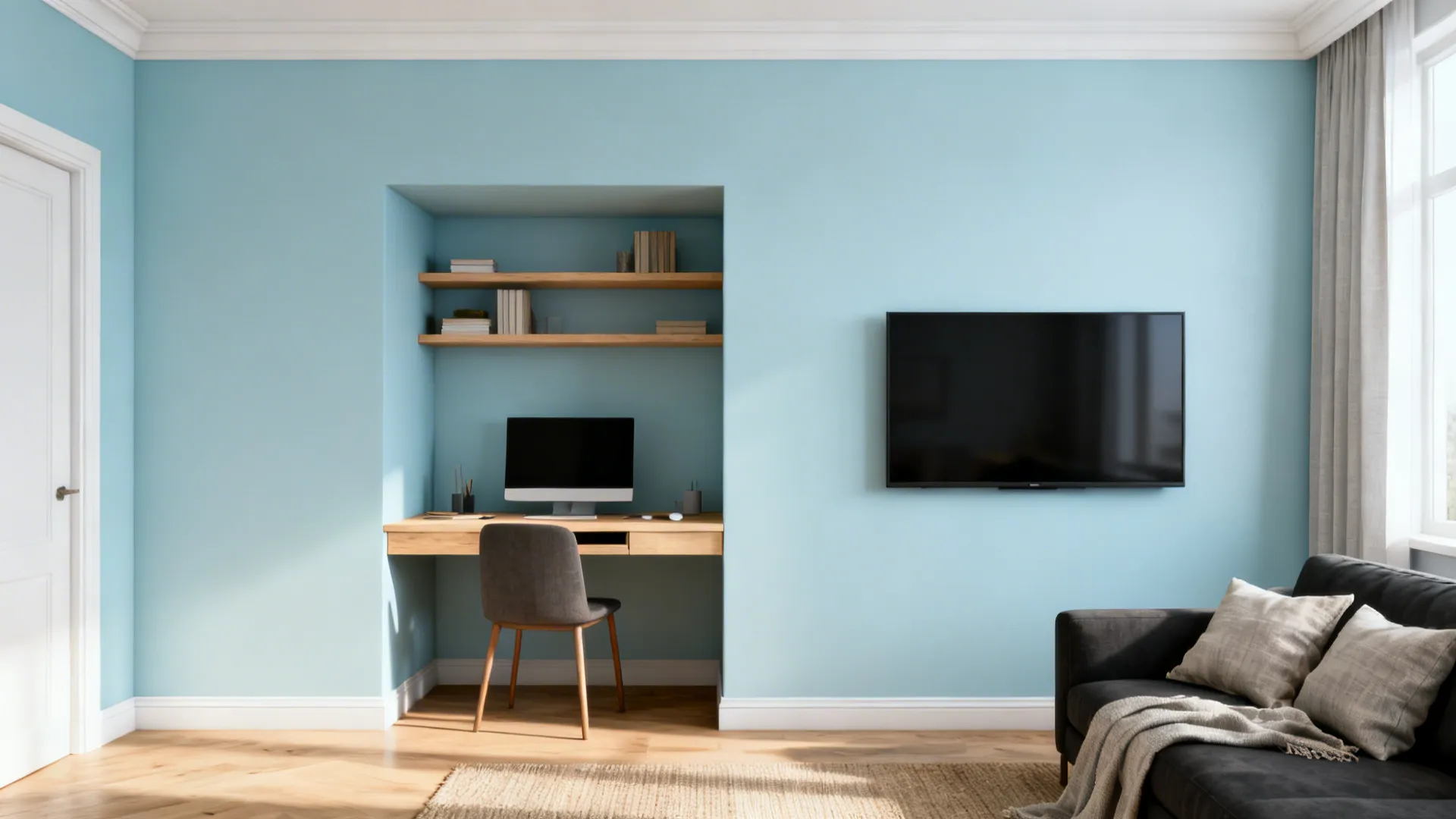 Modern blue living room featuring a small desk area with computer and wall mounted television