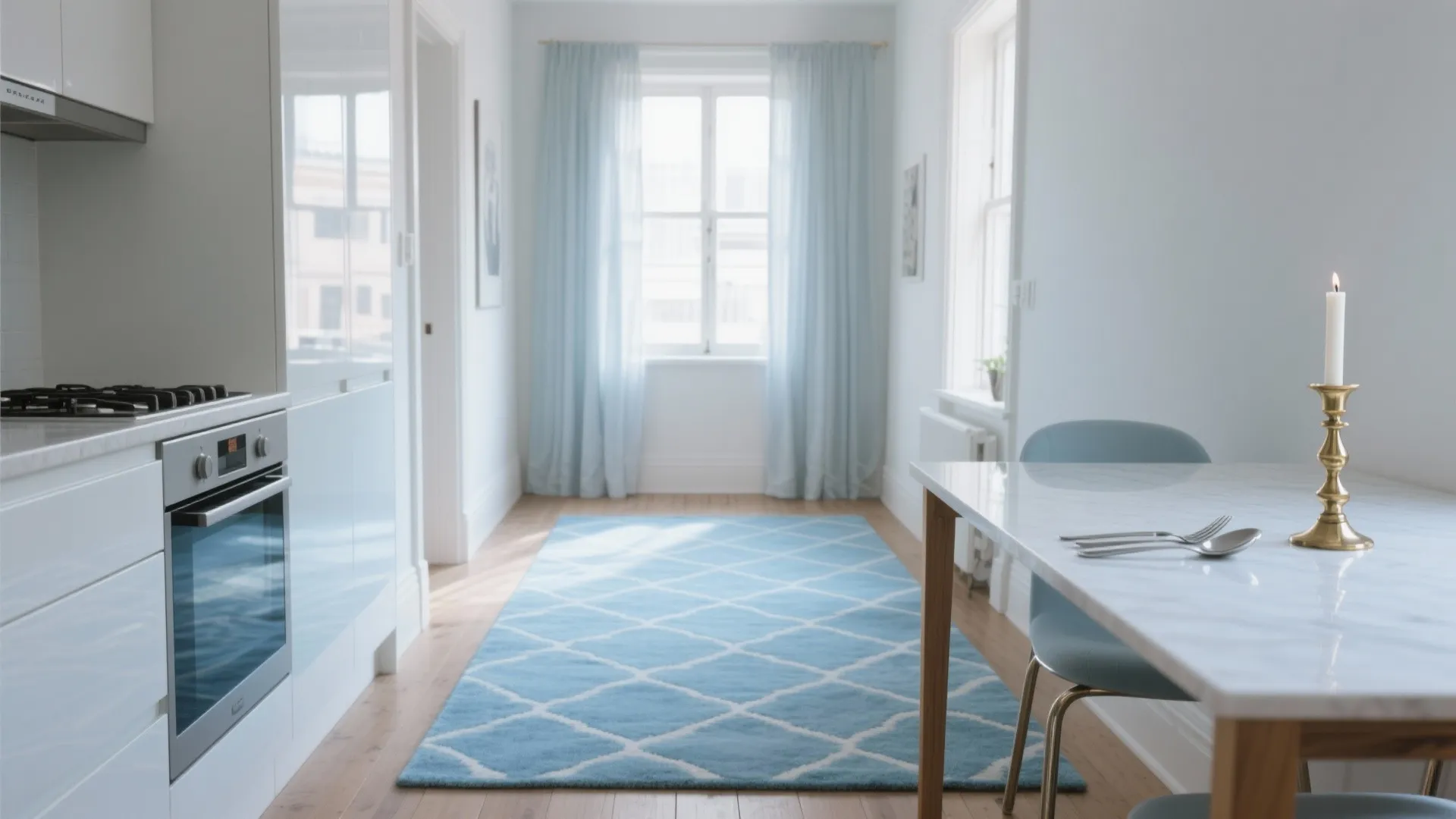 Modern kitchen with white cabinets blue rug light blue curtains wooden floor and white dining table