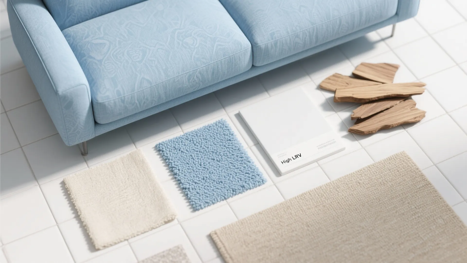 Top view of fabric samples and wood pieces on white tiles next to blue sofa