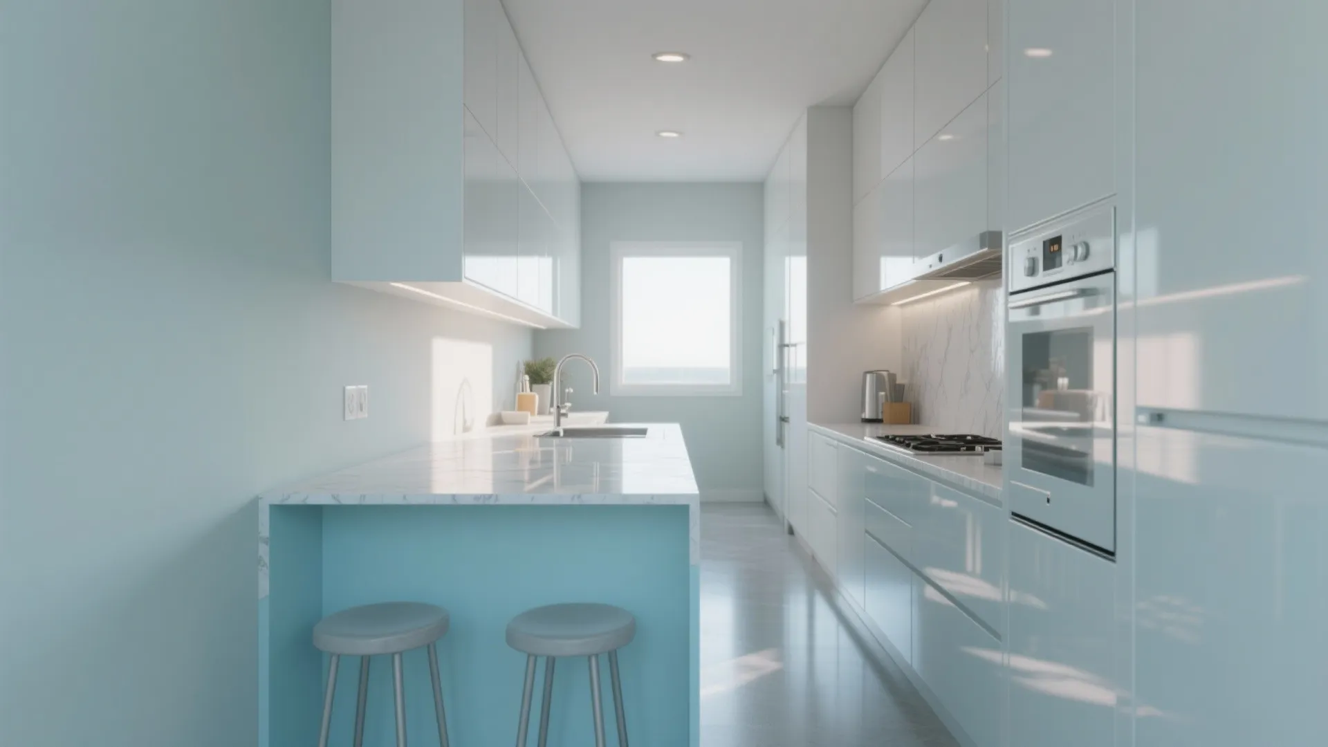 Narrow galley kitchen with a powder blue island and glossy white cabinets reflecting light.